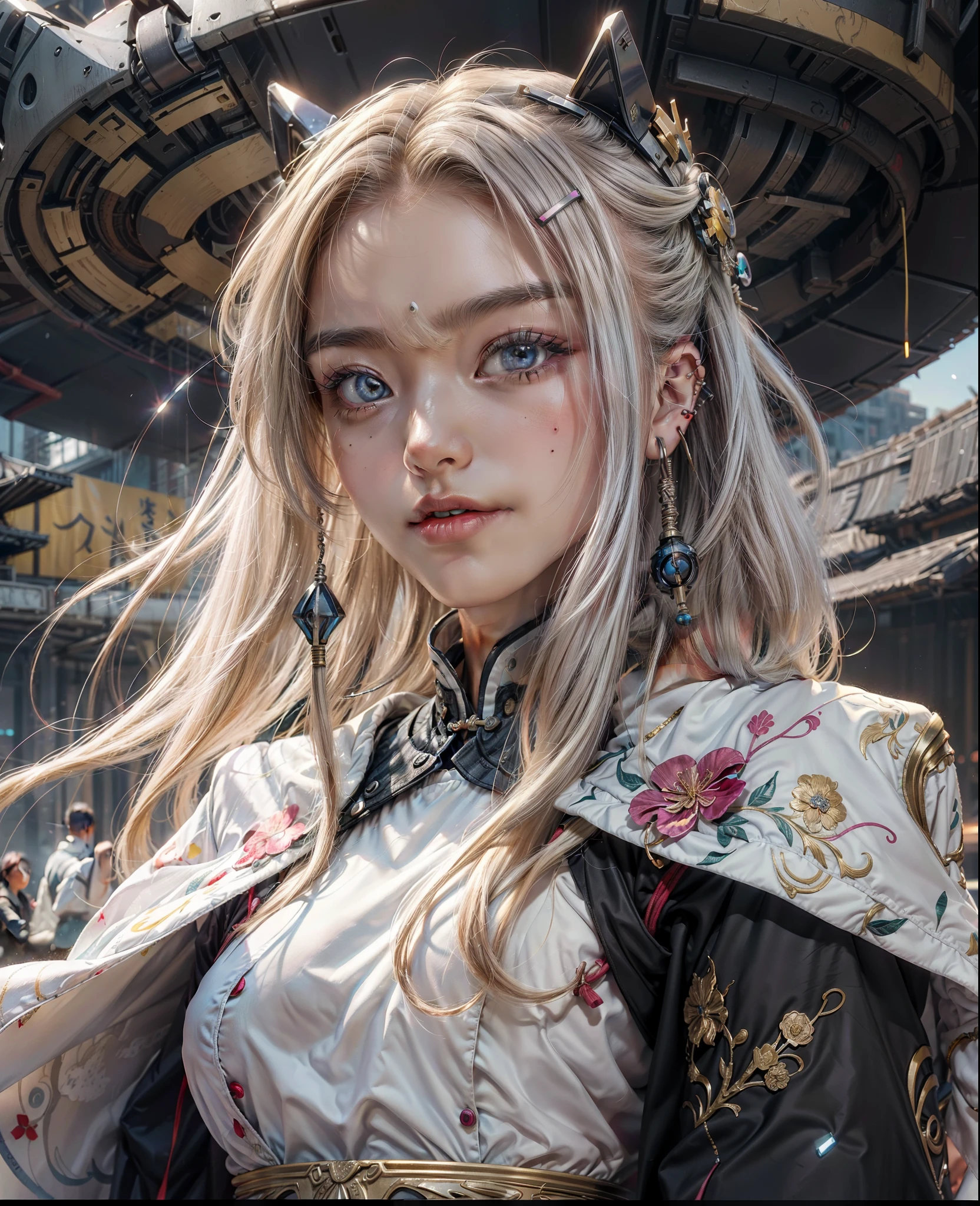 ，Wide shot, From above, up-close, Ultra-wide angle, Wide-angle, Sony FE GM，one-girl，Crazy pose，Crazy tension，Cinematic light,Gorgeous background，Colorful background，grin，（（cyber punk style，machine arm，Hologram aura，Surreal Science Fiction Art，Future Science Fiction Aesthetics）），（1 girl solo）， （full body shot shot）， （Determined eyes），（Ancient Chinese clothes，White cheongsam，Embroidered collar Uesugi，White large-sleeved shirt，Streamers），（Hairpins，cabelos preto e longos， arma），（Hanfu），(Clear facial features，detailed skin textures，beauitful face）， 耳Nipple Ring，Yellow skin，（tmasterpiece，top Quority，best qualtiy），（（（flatcolors））），