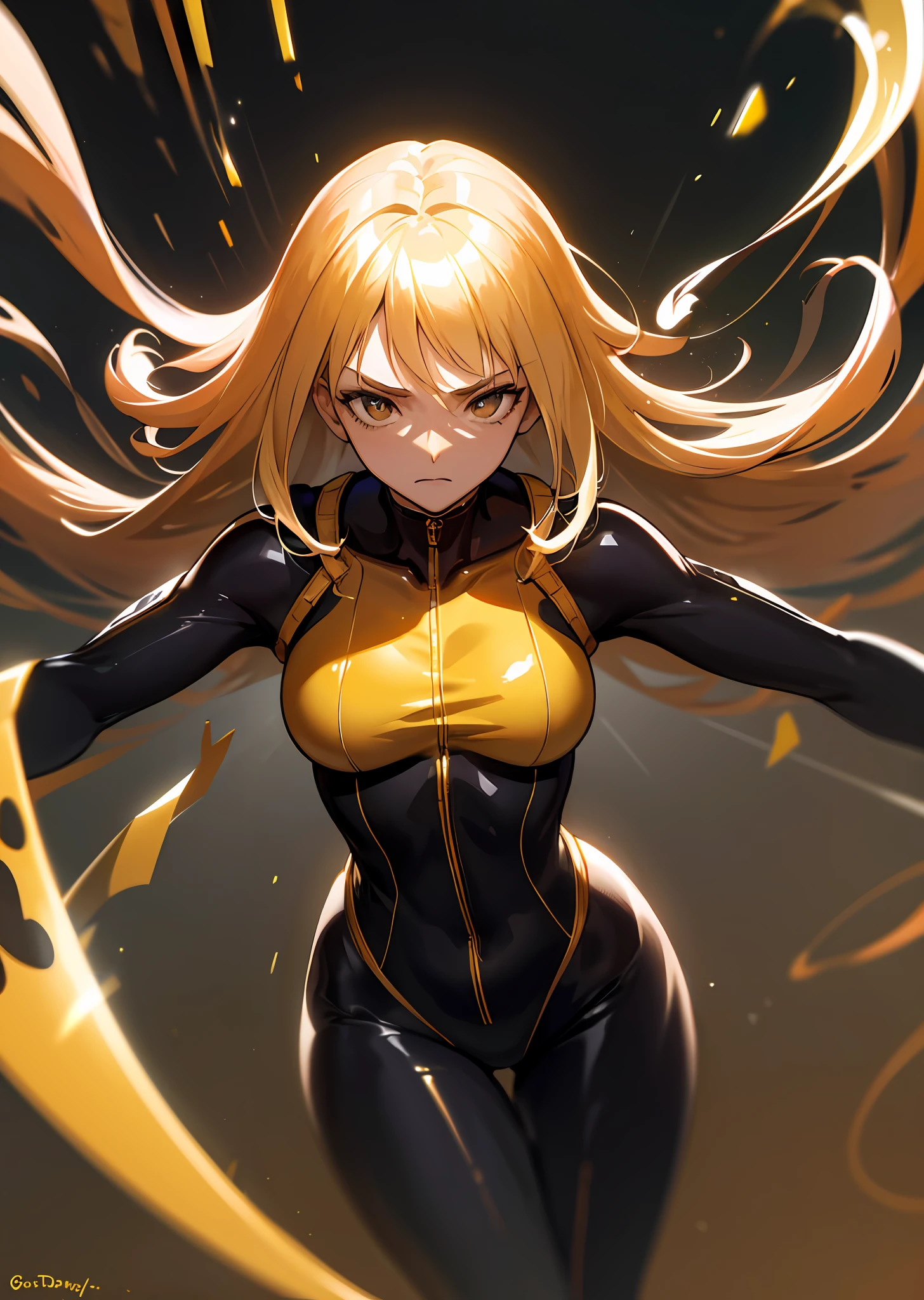 (masutepiece), Best Quality, High resolution, Ultra-detailed, Vivid texture, Stand up to the powerful, A tight bodysuit that emphasizes her gorgeous figure, Dynamic lighting, golden colored/Black contrast, cinematic view, intense emotion, Immersive experience, timeless beauty, Breathtaking.