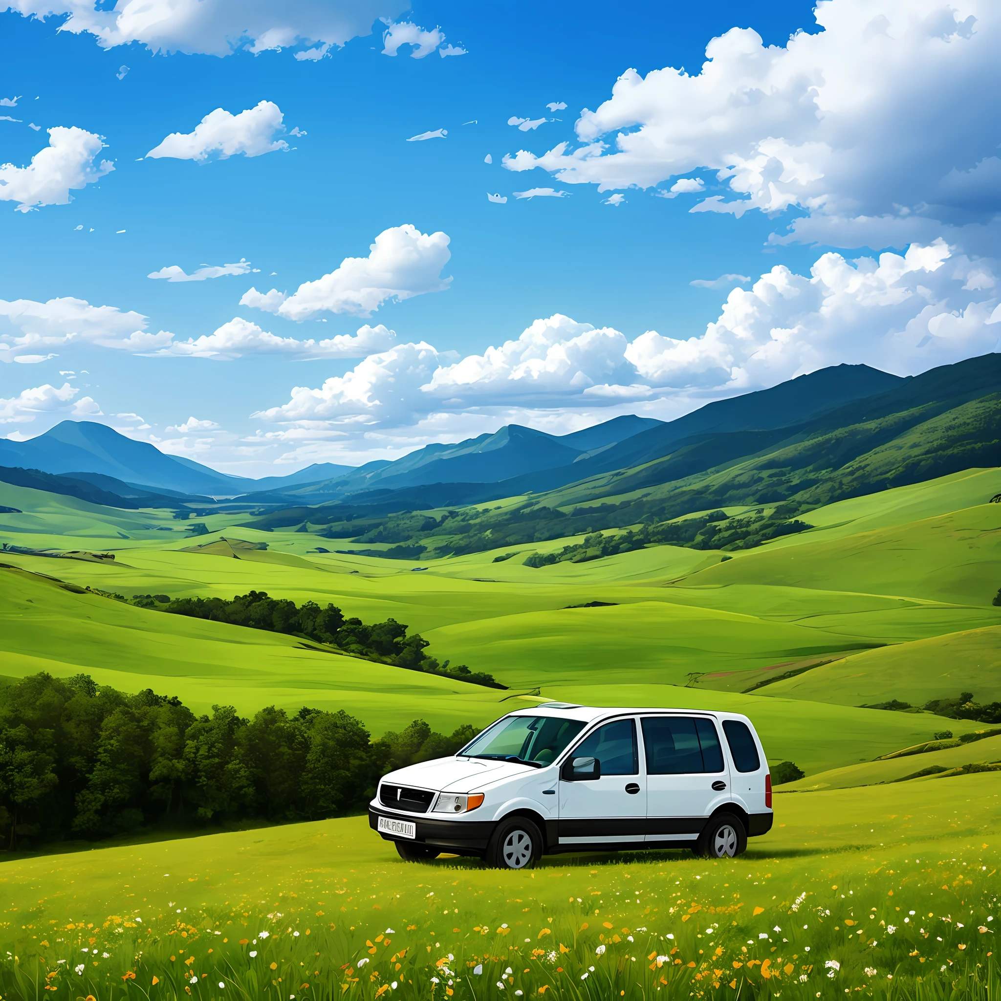 White clouds, green mountains, meadows --auto