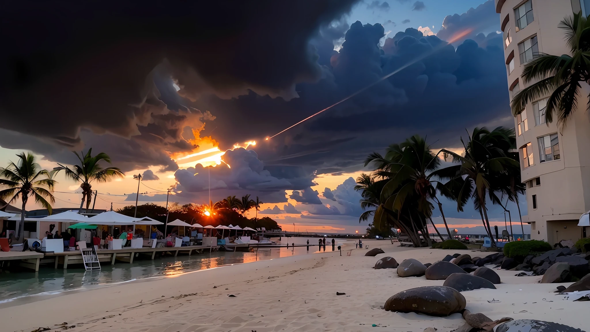Absolutely mesmerizing sunset on the beach with a mix of oranges, pinks and yellows in the sky. The water is crystal clear, gently kissing the shore, and the white sand is endless. The scenes are action-packed and breathtaking, with seagulls soaring high in the sky and palm trees swaying gently. Immerse yourself in the calm atmosphere and let the serenity surround you.