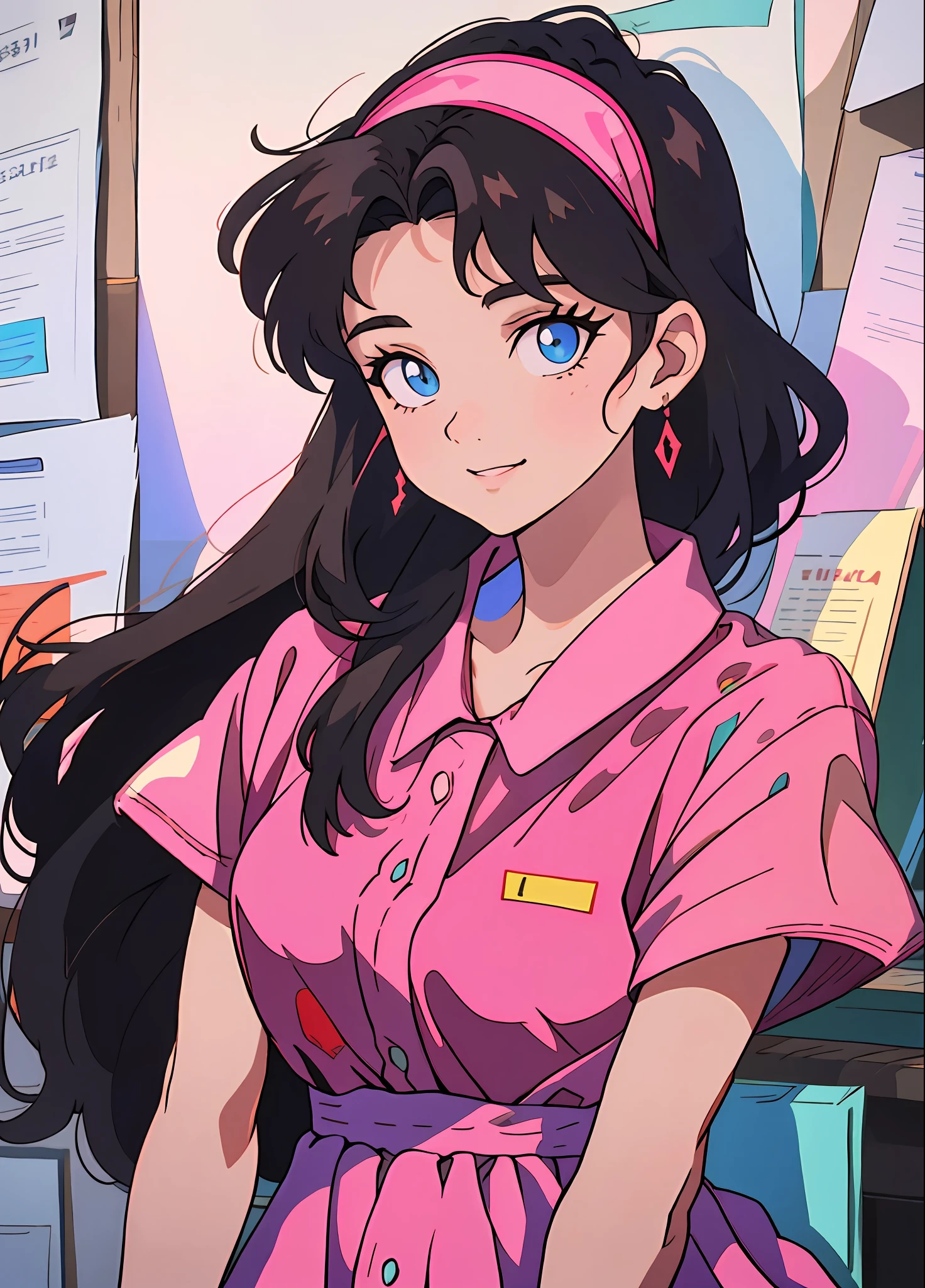 90's anime style，tmasterpiece，best qualityer，highest  quality，realisticlying，perfectanatomy，perfectface，Perfect eyes，Videldbspinkdress，1girll，独奏，brunette color hair，shift dresses，eBlue eyes，shairband，cabelos preto e longos，Pink dress，blacksilk，red hairband，exteriors, ssmile