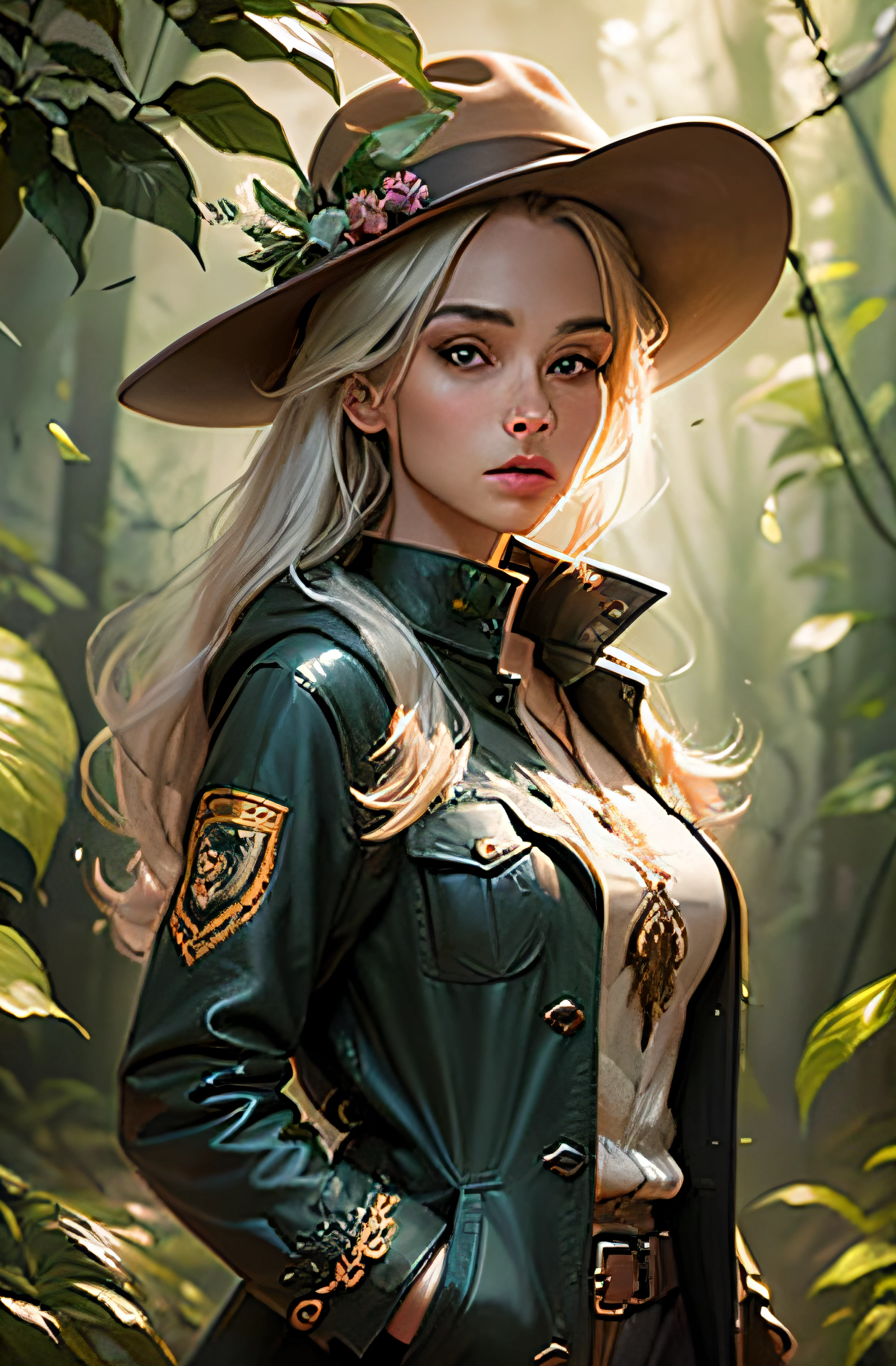 woman ranger dark coat embroidered with dragons long golden hair jungle