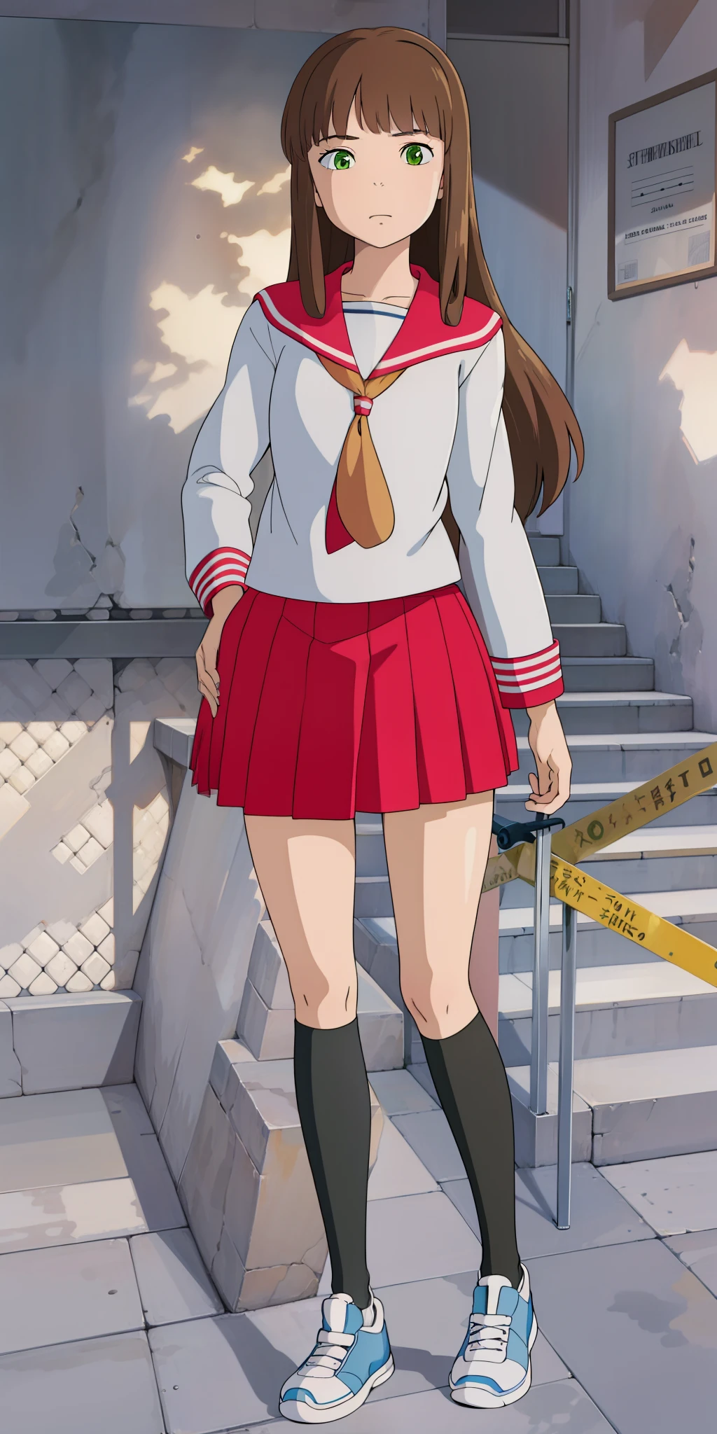 1 anime girl, School clothes, full body, Brown long hair, green eyes.