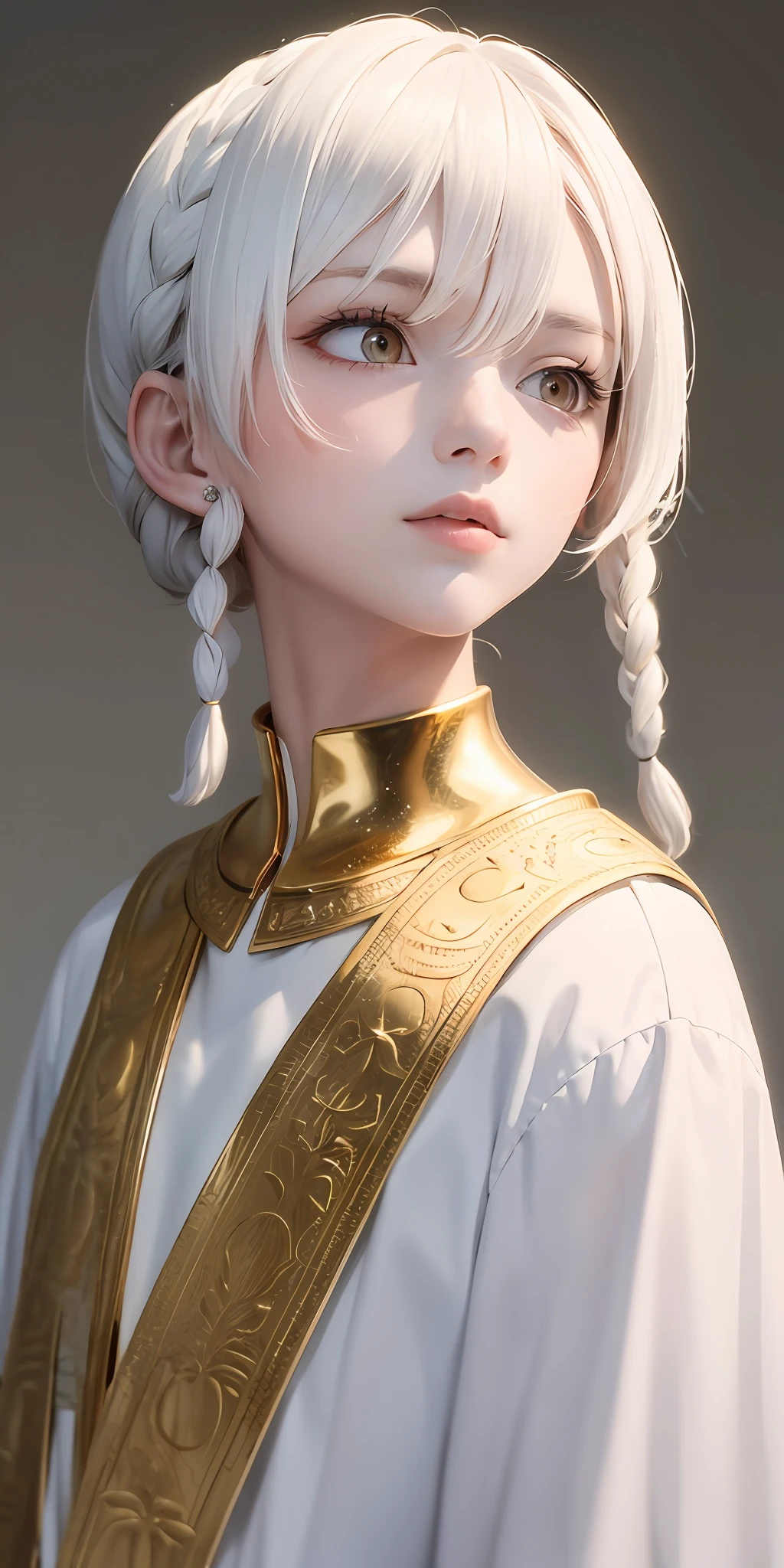 best quality, masterpiece,white hair, gold eyes,white clothes, looking up, upper body,hair strand,Fair skin,side braids