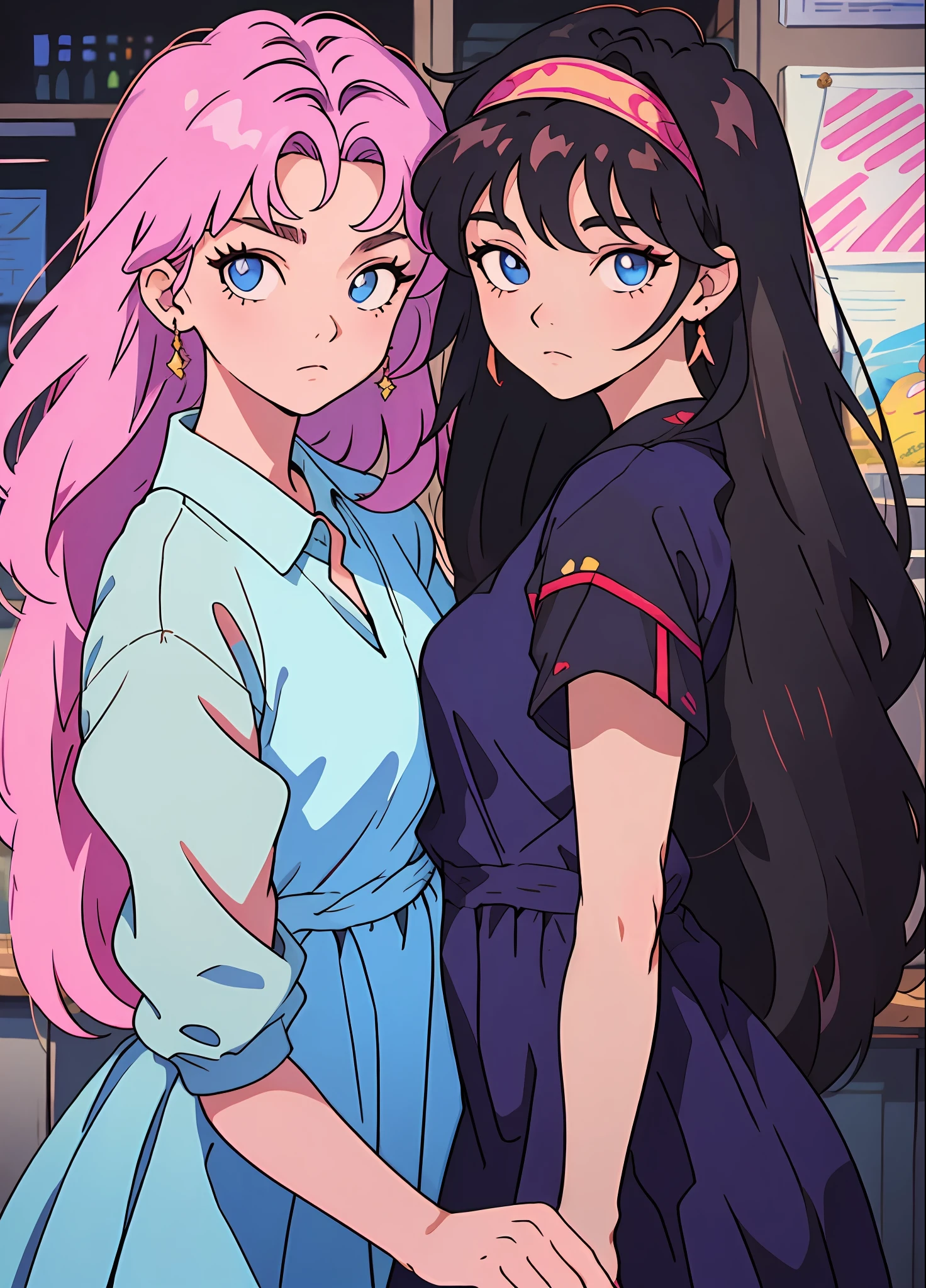 90's anime style，tmasterpiece，best qualityer，highest  quality，realisticlying，perfectanatomy，perfectface，Perfect eyes，Videldbspinkdress，1girll，独奏，brunette color hair，shift dresses，eBlue eyes，shairband，cabelos preto e longos，Pink dress，blacksilk，red hairband，exteriors