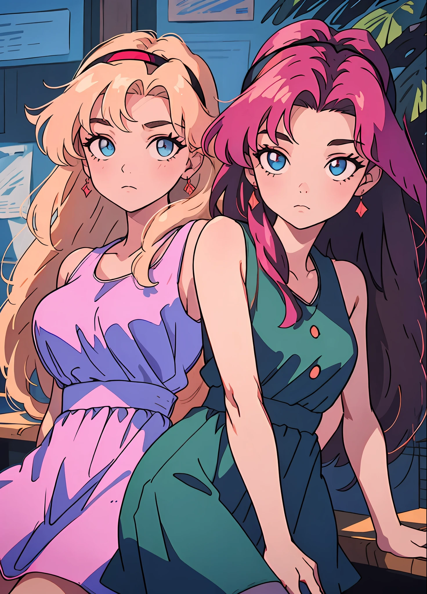 90's anime style，tmasterpiece，best qualityer，highest  quality，realisticlying，perfectanatomy，perfectface，Perfect eyes，Videldbspinkdress，1girll，独奏，brunette color hair，shift dresses，eBlue eyes，shairband，cabelos preto e longos，Pink dress，blacksilk，red hairband，exteriors