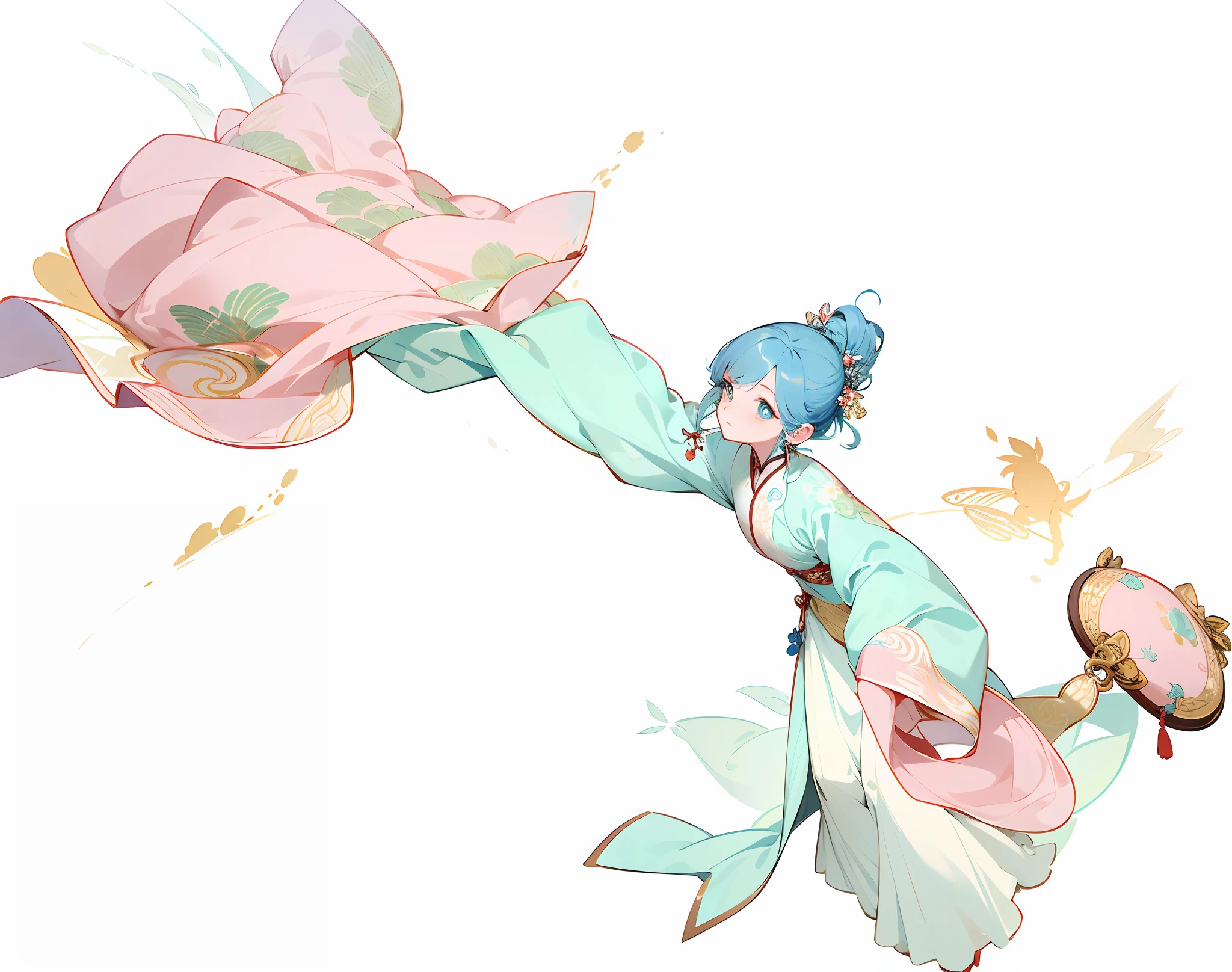 A flying fairy in Han clothes，Gorgeous Hanfu，Delicate silk，Floral motifs or traditional embroidery，The charm of traditional Chinese culture，Light flying，Noble and elegant temperament，Bright and smart eyes，Gorgeous hair accessories or coiled hairstyles，Handheld a fan or embroidered handbag