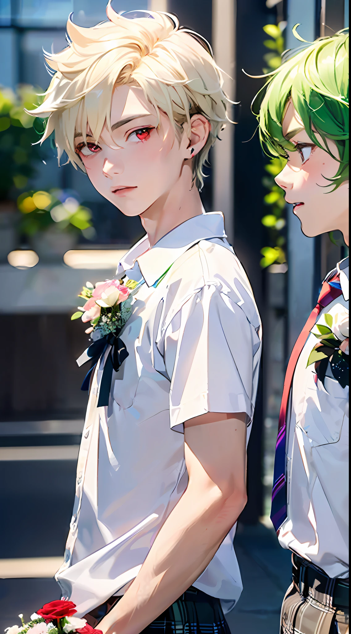 (top-quality:1.4、8K)、(17-year-old gay couple facing each other:1.3)、White shirt with short sleeves、short red necktie