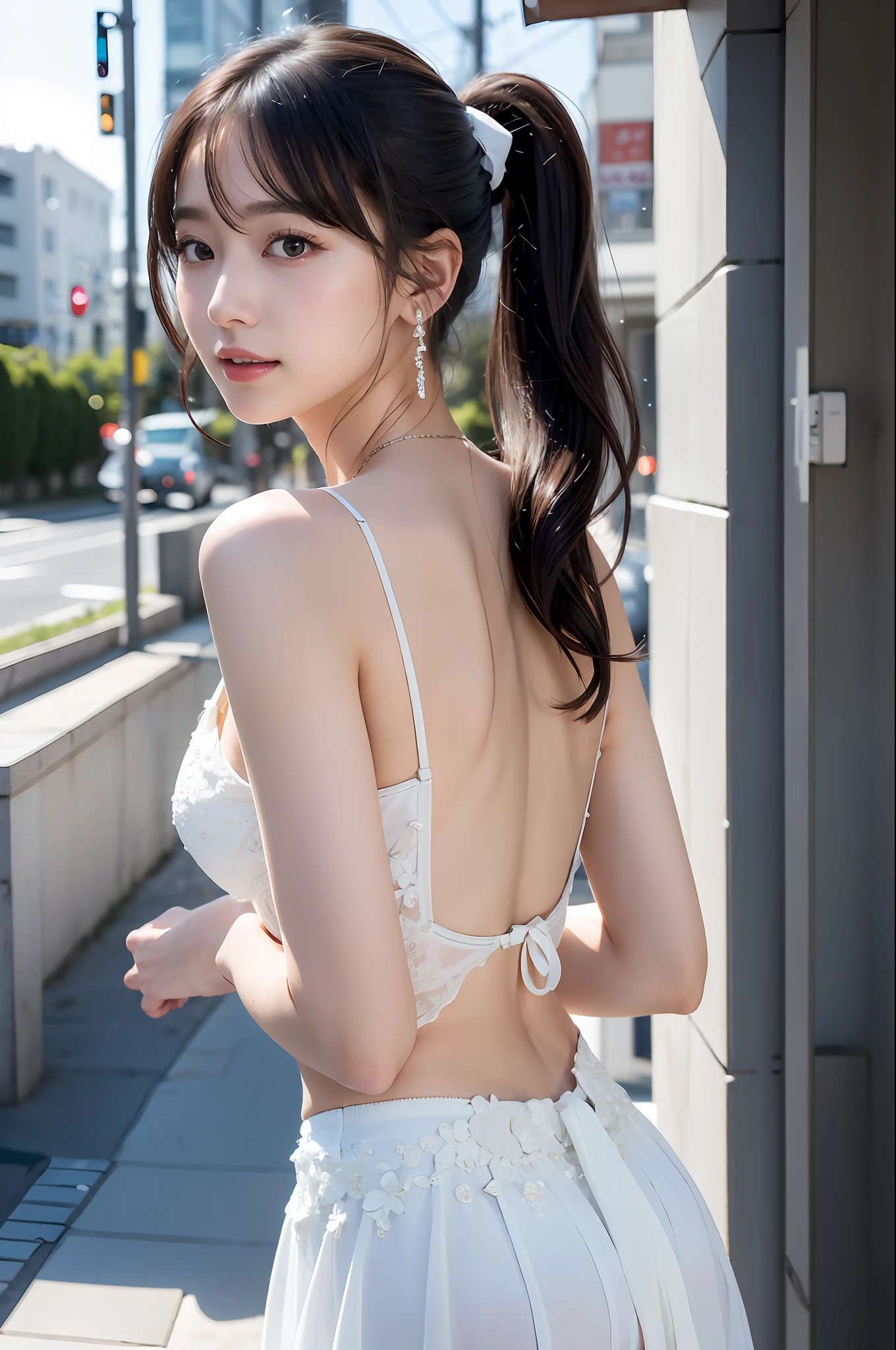 ((addielyn))、Random posture、(extremely delicate and beautiful work)、(masterpiece)、One girl、Highly Detailed Elegant Wedding Dresses、tiarra、A highly detailed、Warped ponytail、A charming expression、Beautiful and clear eyes、Green pupil、delicate necklaces、Delicate earrings、Simple blurry background、Description of extreme details、Beautiful fece、A charming、Ultra-fine painting、delicated face、Delicate figure、thin clavicle、Beautiful lips、Soft back view、mix4、(8K、Raw photography、top-quality、masterpiece:1.2), (reallistic, Photorealsitic:1.37),1girl in,Cute,Cityscape, natta, Sateen, Wetty, Professional Lighting, Photon mapping, Radio City, physically-based renderingt, above waist、乃木坂アイドル、韓国アイドル、hposing Gravure Idol、女優、