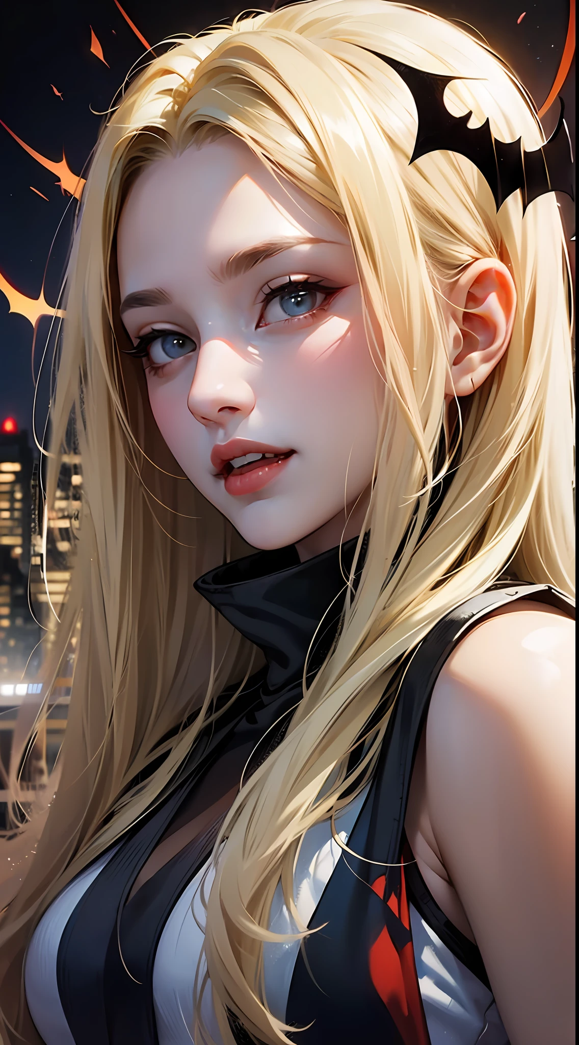 Enchanting Rogue、Sensual vampire in short white clothes、Staring at the viewer、Flowing blonde hair、menacing gaze、Sparkling vampire fangs、Staining her pale face、Large, sharp claws are ready to pounce、In a dark vision of the city at night