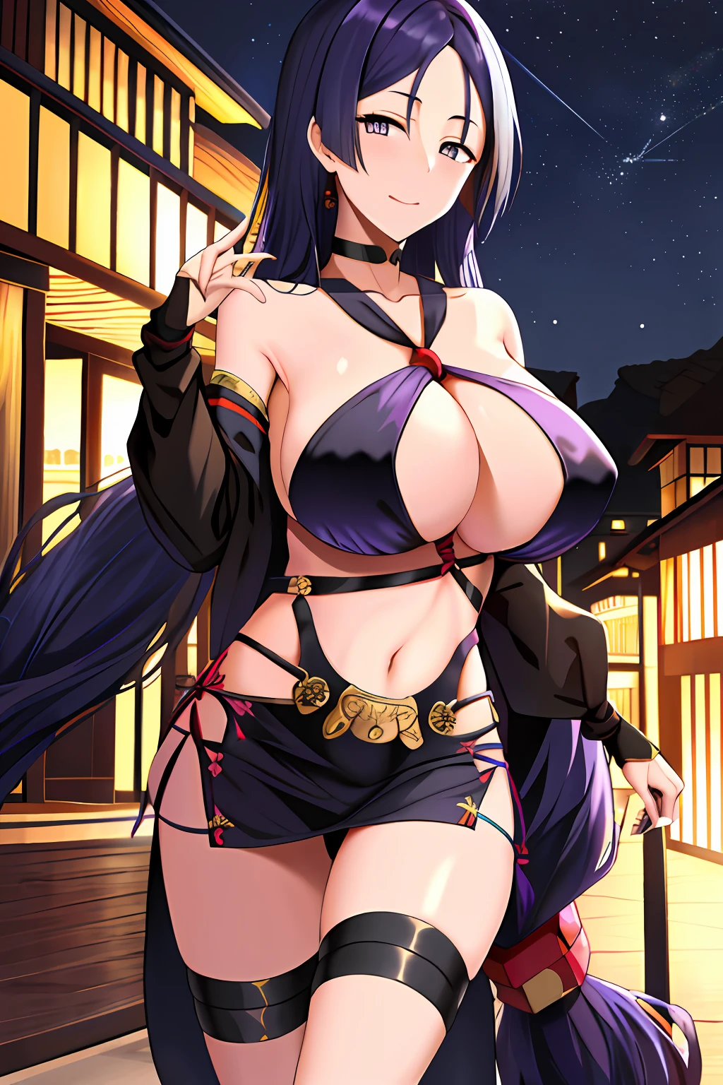 masterpiece, best quality, highres, hmmr1, minamoto no raikou (fate), low-tied long hair, microdress, bodycon, collarbone, neckerchief, midriff, long skirt, choker, side slit, golden, cowboy shot, standing, city, night sky