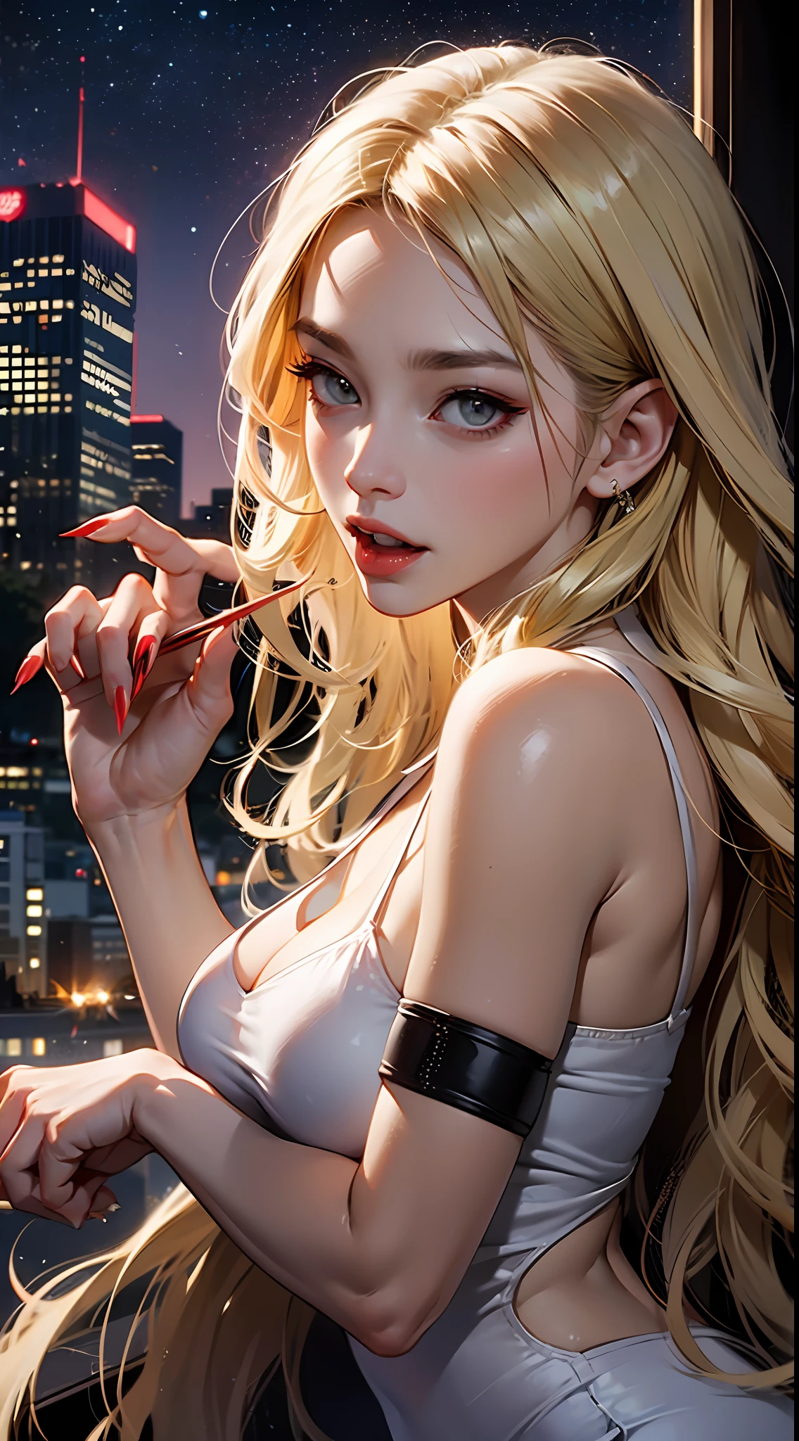 Enchanting Rogue、Sensual vampire in short white clothes、Staring at the viewer、Flowing blonde hair、menacing gaze、Sparkling vampire fangs、Staining her pale face、Large, sharp claws are ready to pounce、In a dark vision of the city at night