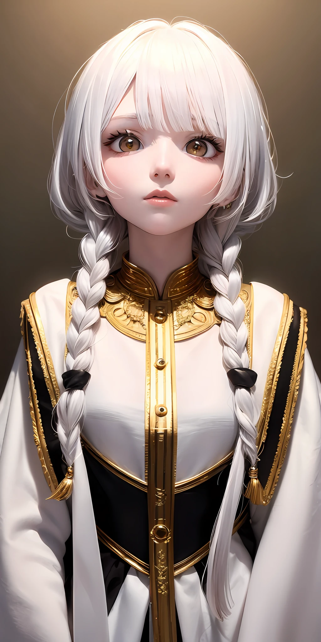 best quality, masterpiece,white hair, gold eyes,white clothes, looking up, upper body,hair strand,Fair skin,side braids
