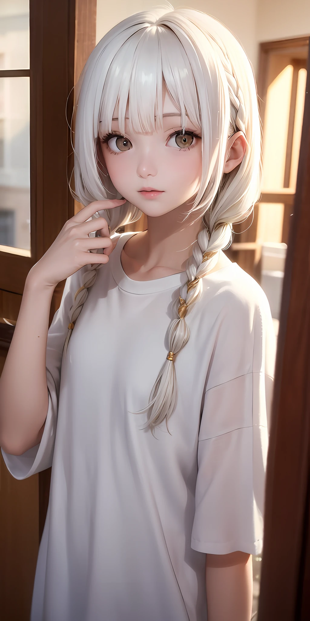 best quality, masterpiece,white hair, gold eyes,white clothes, looking up, upper body,hair strand,Fair skin,side braids