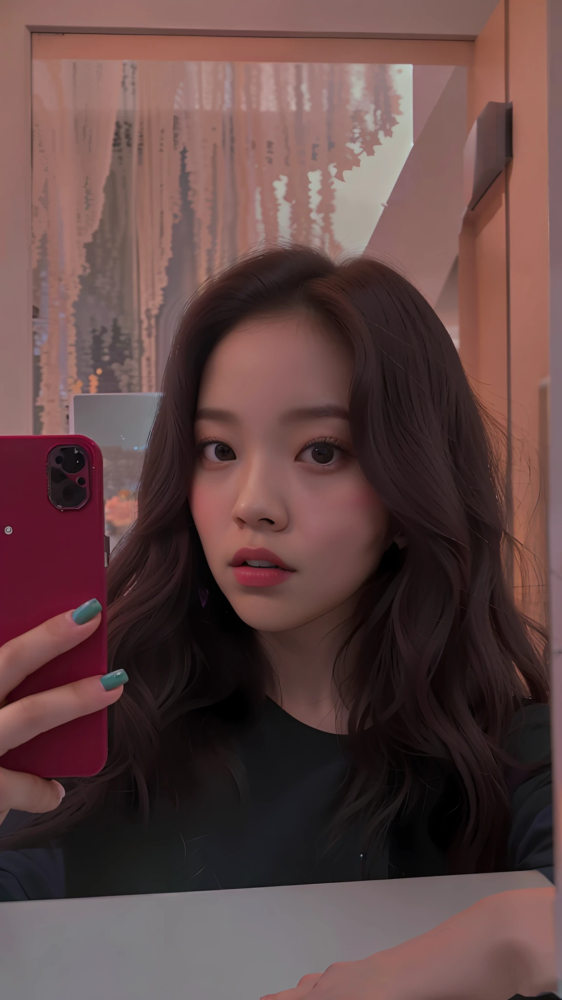 there is a woman taking a selfie in a mirror, jennie blackpink, Jisoo do Blackpink, Retrato Jisoo Blackpink, fotografia de baixa qualidade, Retrato de Jossi de Blackpink, foto de baixa qualidade, foto de perfil, imagem de qualidade muito baixa, 18 anos, jossi do blackpink, Fotografia selfie 8k, qualidade muito baixa, jisoo do blackpink, granulado de baixa qualidade,cabelo ruivo