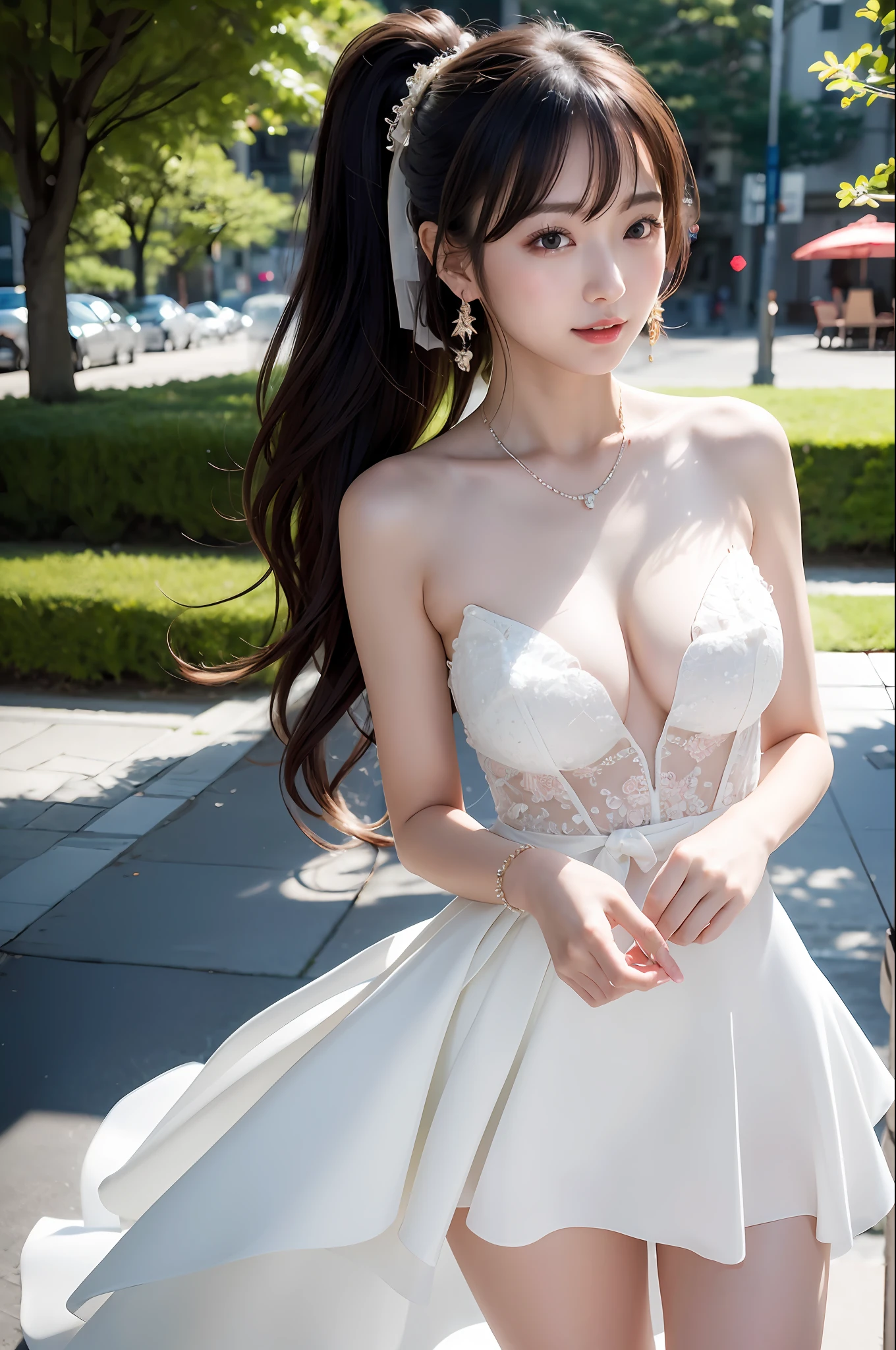 ((addielyn))、Random posture、(extremely delicate and beautiful work)、(​masterpiece)、One girl、Highly Detailed Elegant Wedding Dresses、tiarra、A highly detailed、Warped ponytail、A charming expression、Beautiful and clear eyes、Green pupil、delicate necklaces、Delicate earrings、Simple blurry background、Description of extreme details、Beautiful fece、A charming、Ultra-fine painting、delicated face、Delicate figure、thin clavicle、Beautiful lips、Soft back view、mix4、(8K、Raw photography、top-quality、​masterpiece:1.2), (reallistic, Photorealsitic:1.37),1girl in,Cute,Cityscape, natta, Sateen, Wetty, Professional Lighting, Photon mapping, Radio City, physically-based renderingt, above waist、乃木坂アイドル、韓国アイドル、hposing Gravure Idol、女優、