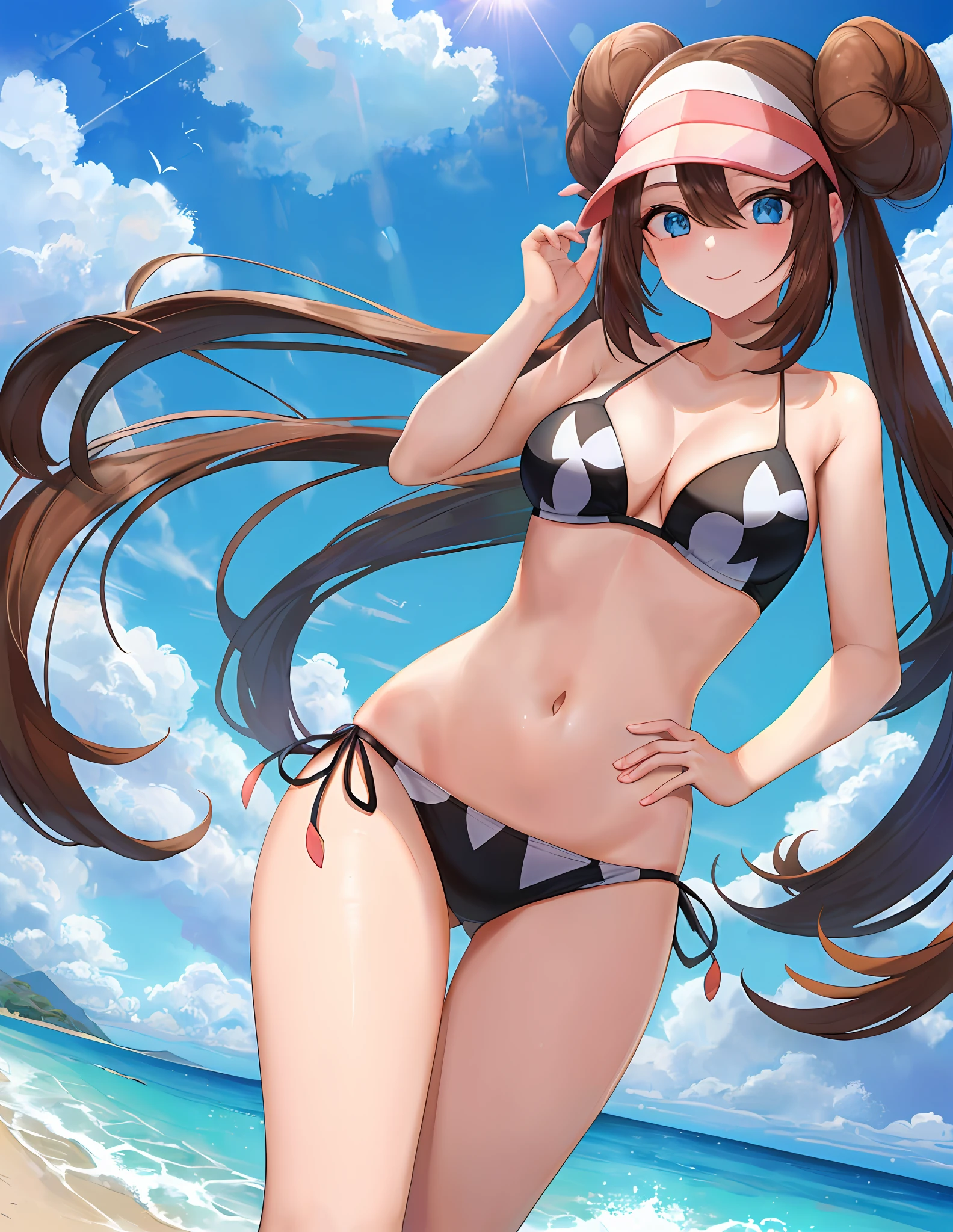 (masterpiece:1.3), (absurderes:1.3), (top-quality:1.3), (ultra-detailliert:1.3),(The best shadow:0.7), (Patterned hair), perfect anatomia,A little big, 1girl in, 独奏, Rosa(A pokémon), Visor Cap, long_Twin-tailed, brown haired, blue eyess, hair between eye,, Unsightly smile, The bikini,