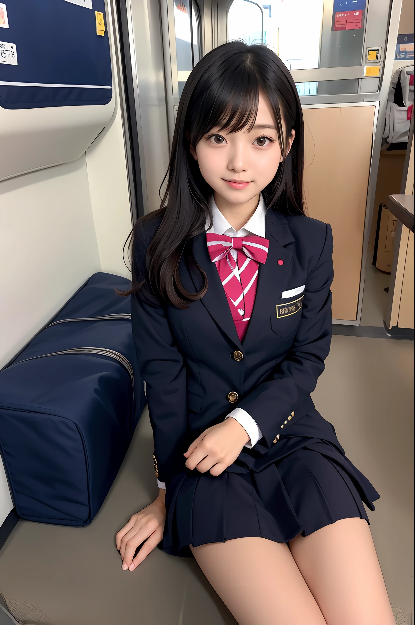 high-angle shot、Center view、Arafe asian woman in short skirt and bow tie sitting on train、cute school girl、Japan Girl Uniform、Wearing Japan school uniform、Japan School Uniforms、a hyperrealistic schoolgirl、Dressed as a schoolgirl、a hyperrealistic schoolgirl、Wearing a uniform、Realistic Schoolgirl、Girl in Uniform、Wearing a uniform、Schoolgirl Pose、full body Esbian、Nice skin、glistning skin、lovely thighs、glowing thigh、shining legs、bare-legged , High School in Japan 、乃木坂アイドル、韓国アイドル