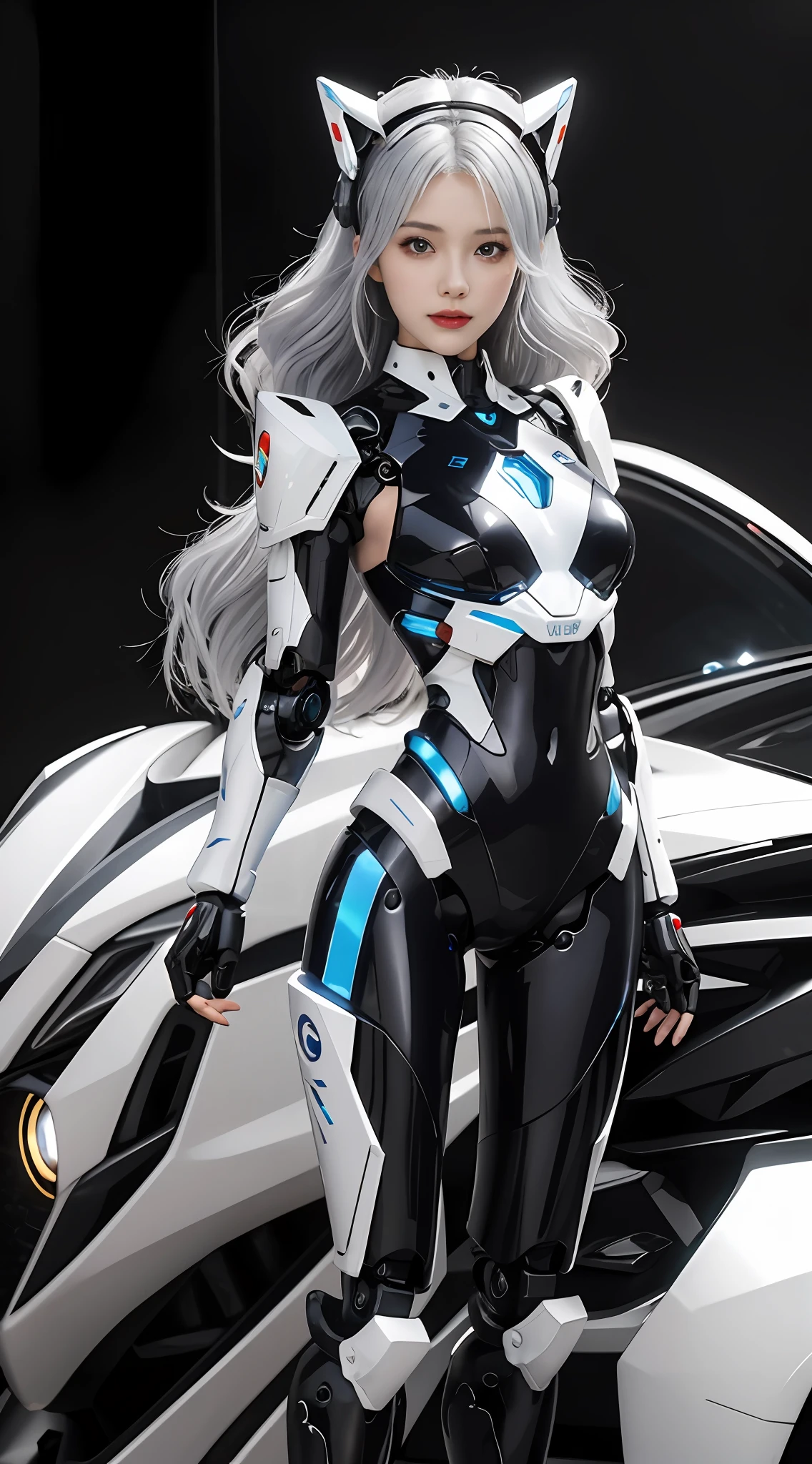 a close up of a woman wearing a black and white outfit, cyborg - girl with silver hair, girl in mecha cyber armor, perfect anime cyborg woman, beautiful white girl cyborg, cyber suit, 3 D rendering character art 8 K, Cute cyborg girl, Beautiful robot character design, beautiful girl cyborg, anime robots, diverse cybersuits