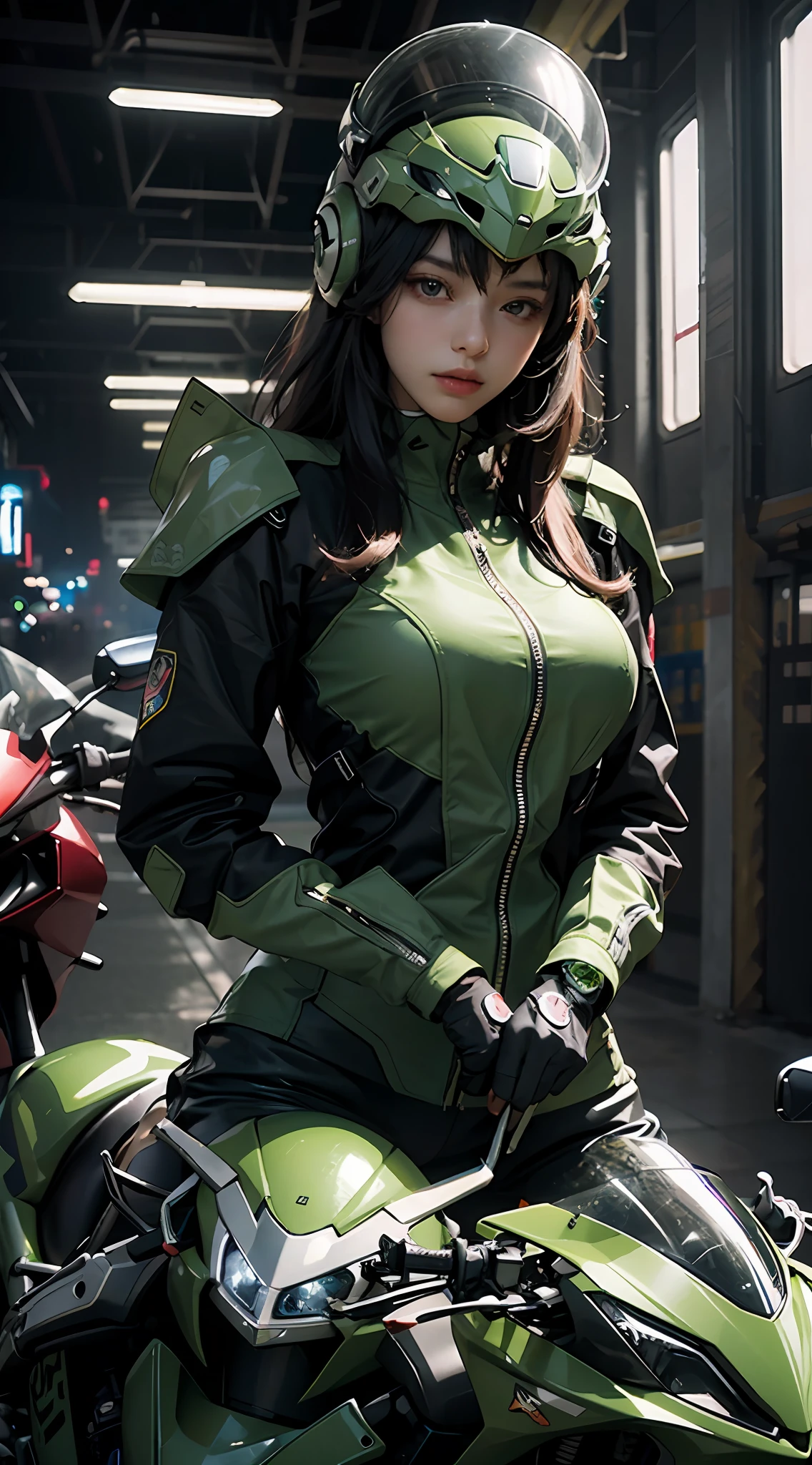 Highest image quality, outstanding details, ultra-high resolution, (realism: 1.4), the best illustration, favor details, highly condensed 1girl, with a delicate and beautiful face, dressed in a black and green mecha, wearing a mecha helmet, holding a directional controller, riding on a motorcycle, the background is a high-tech lighting scene of the future city.