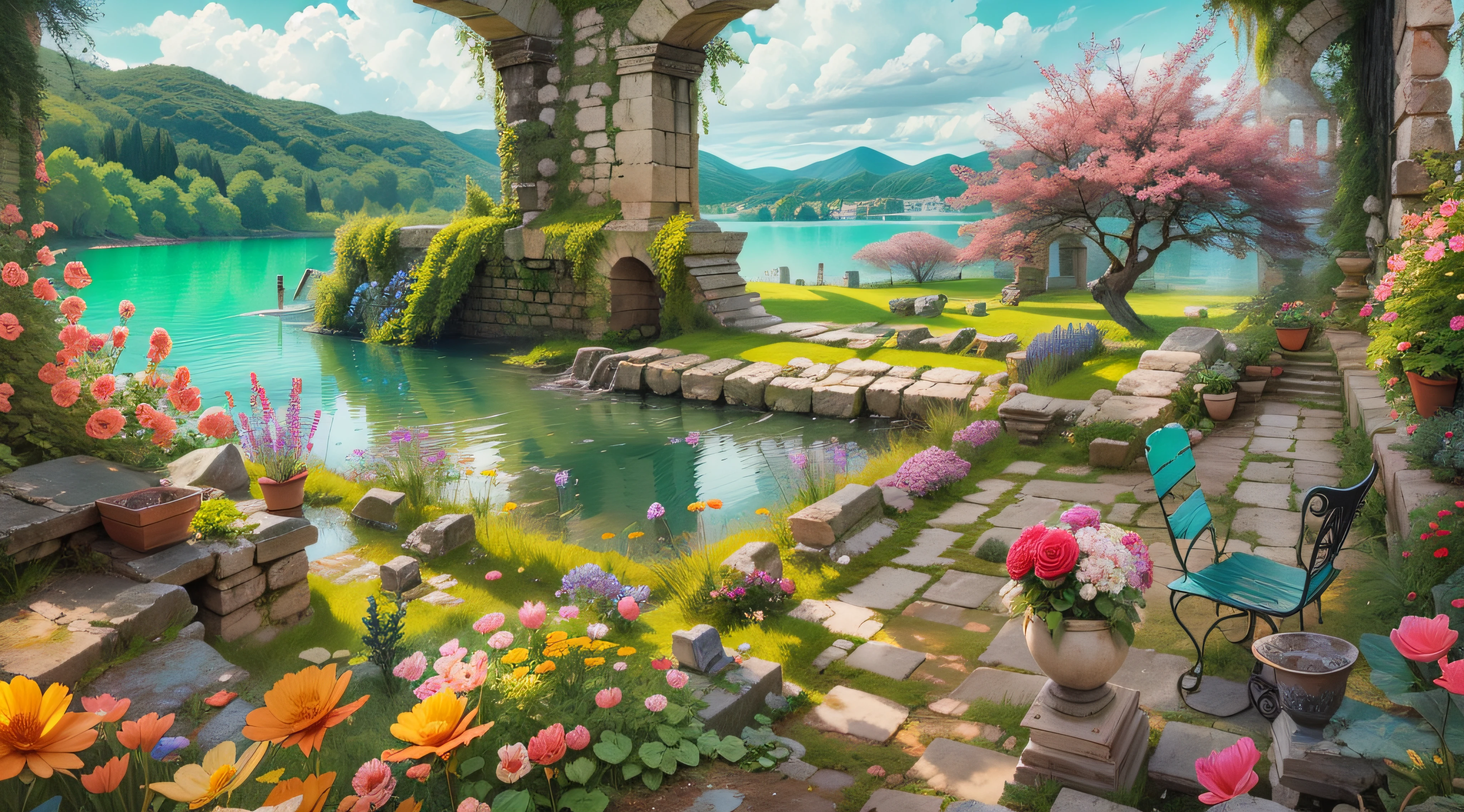 Ruins with beautiful secenary, vibrant, beautiful vibrant flowers blooming, beautiful lake