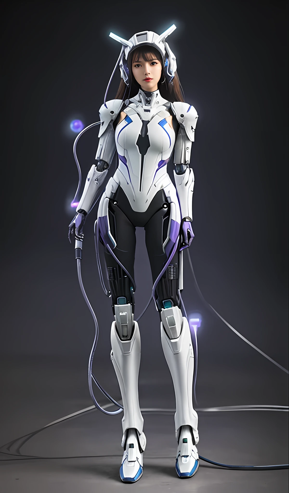 A woman in a white and purple suit holds a whip, cybersuit, cyber suit, diverse cybersuits, girl in mecha cyber armor, cyber suit, of a beautiful female warframe, perfect anime cyborg woman, Cute cyborg girl, beautiful white girl cyborg, perfect android girl, cables on her body, sci fi female character, sci - fi character