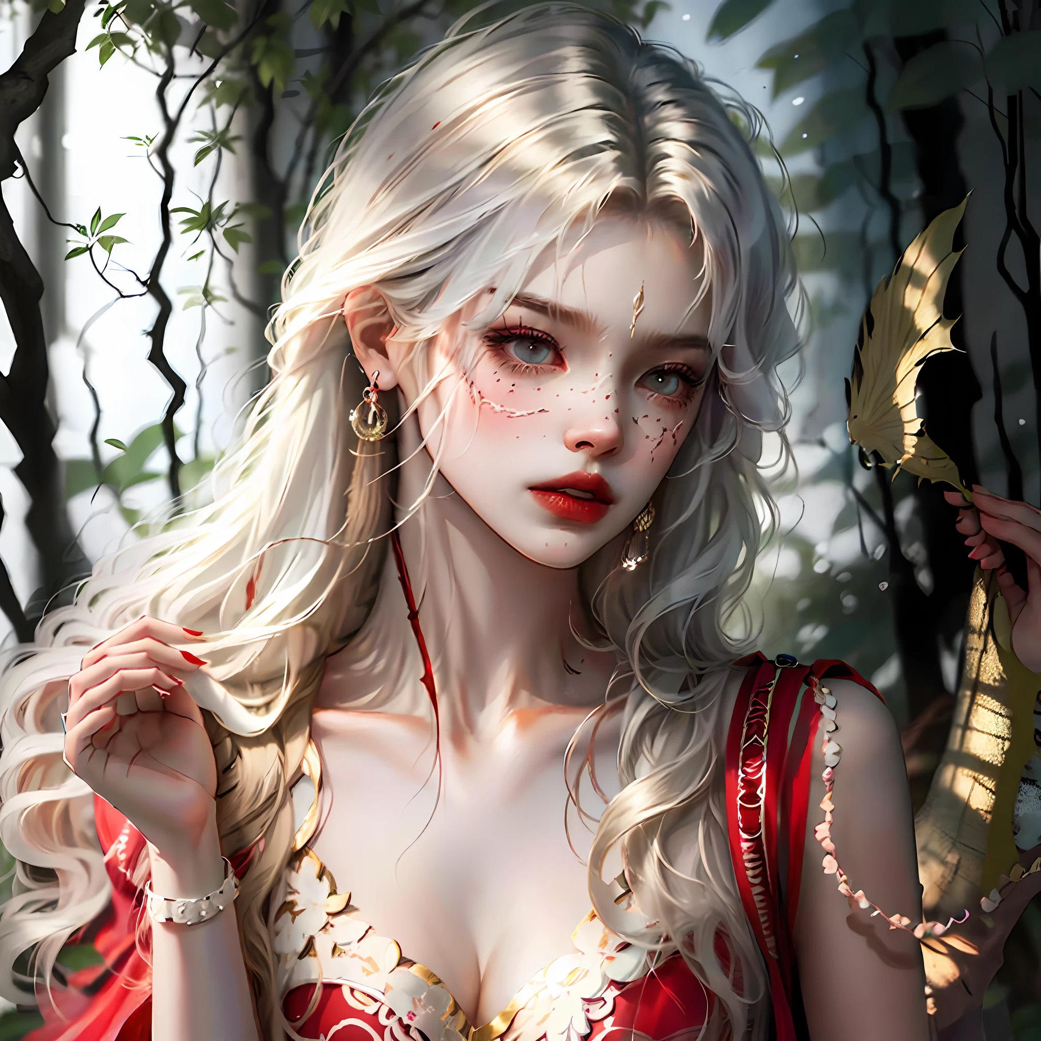 long whitr hair，dark-skin，ln the forest，Primitives，irate --auto