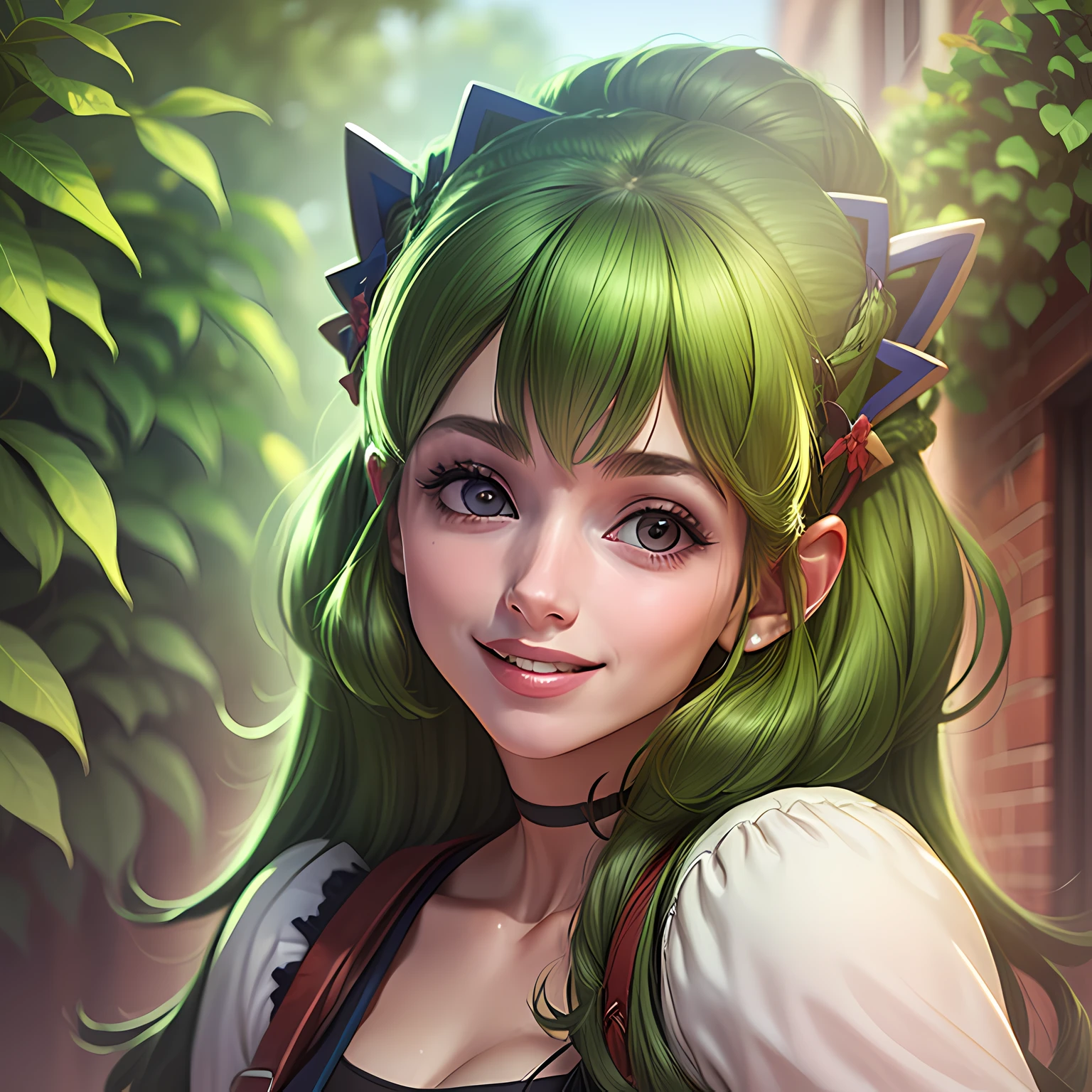 1 , cabelo verde, sorrindo para o telespectador