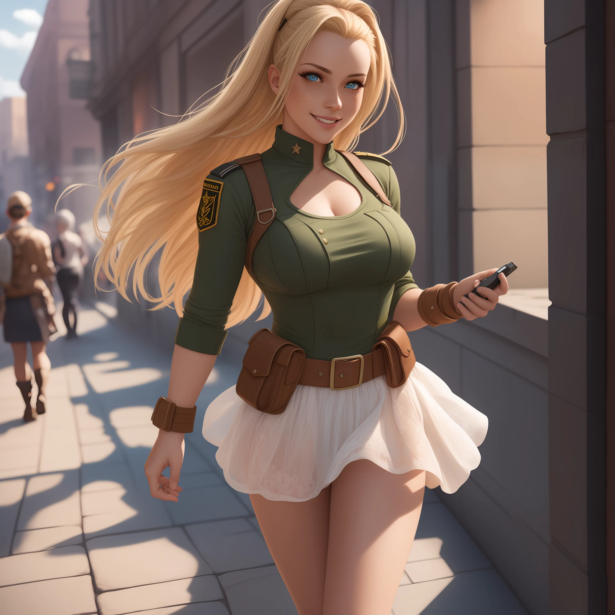 hyper realistic, ultra detailed photograph of a blonde woman being the character cammy from the street fighter game, military clothes, with skirt, showing the whole body, smiling, the afternoon, depth of field, HOF, hall of fame, detailed gorgeous face, scenery of an air base, natural body posture, professional photographer, captured with professional DSLR camera, trending on Artstation, 64k, ultra detailed, ultra accurate detailed, medium bokeh lighting, surrealism, Thomas Kinkade background, urban, ultra unreal engine, WLOP, Pauline Voß, Pascal Quidault, , Christian Schob, Martina Fackova, intricate, epic, freckles, peach fuzz, detailed mascara