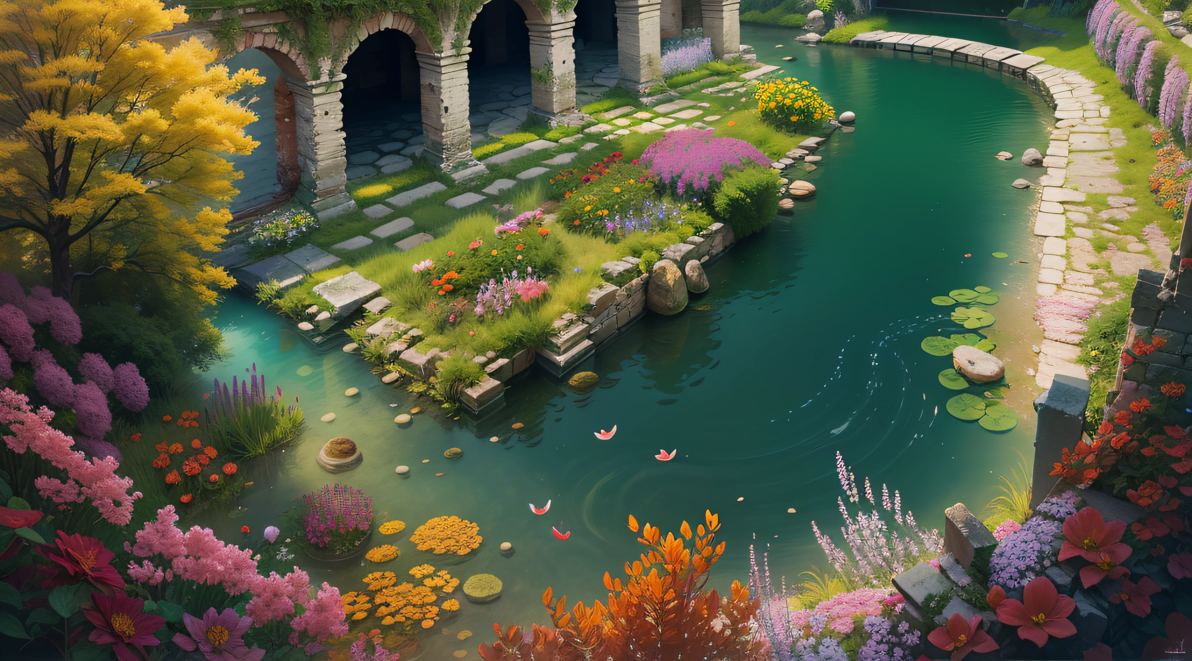 Ruins with beautiful secenary, vibrant, beautiful vibrant flowers blooming, beautiful lake
