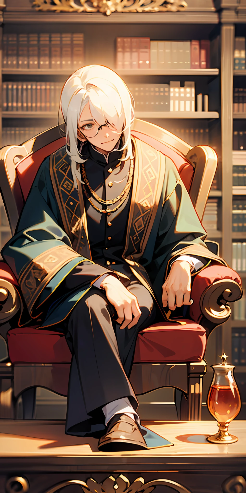 ((old wizard)), (elegantly dressed in western royal attire), , majestically seated on a black throne, against a lavish rwall backdrop, captured in a full body shot, library room background, white hair, one eye glass, wood table front of body
