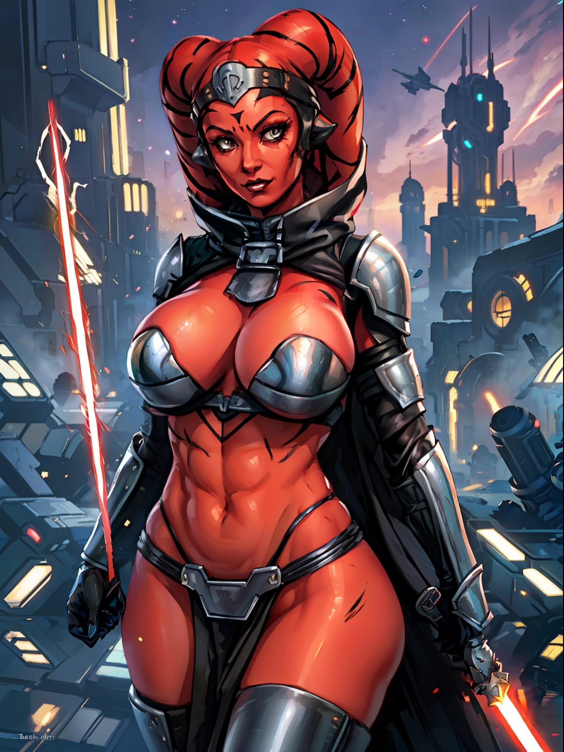 busty, ((red skin), twi'lek), dual red lightsabers, evil space knight, space ninja, ((((elegant black robes))), tunic, tabard, cowl, cloak, body glove, straps, buckles, skirts, long sleeves, fantasy, ((armor))), ((busty), slender body, thin, slim sexy body, slim waist, (((gigantic breasts)))), Imperial starship, Star Wars,