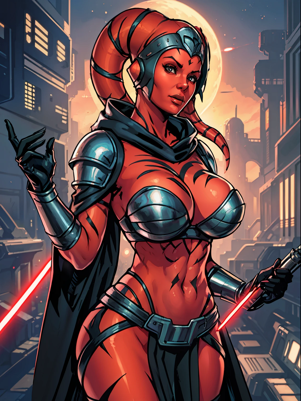 busty, ((red skin), twi'lek), dual red lightsabers, evil space knight, space ninja, ((((elegant black robes))), tunic, tabard, cowl, cloak, body glove, straps, buckles, skirts, long sleeves, fantasy, ((armor))), ((busty), slender body, thin, slim sexy body, slim waist, (((gigantic breasts)))), Imperial starship, Star Wars,