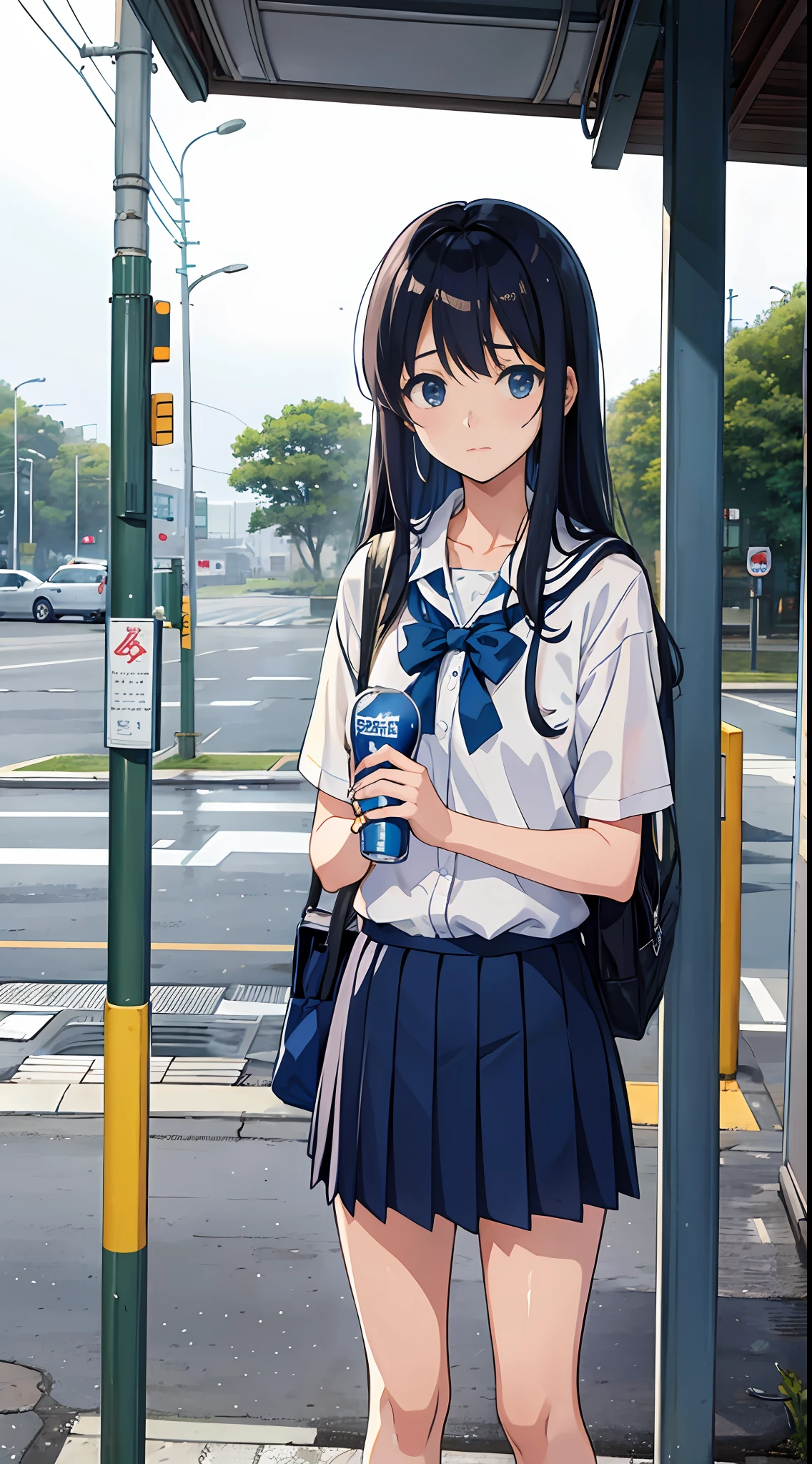 High school students on a rainy day、Standing alone at the bus stop、Looking up at the sky、wetting hair、Pocari Sweat drinks、Lonely atmosphere、nostalgic ambiance
