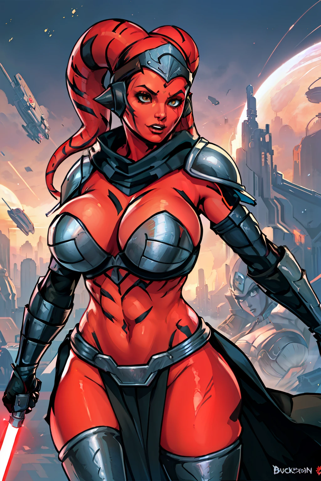 busty, ((red skin), twi'lek), dual red lightsabers, evil space knight, space ninja, (black robes, black stealth armor, breastplate, tunic, tabard, cowl, cloak, body glove, straps, buckles, skirts, long sleeves, fantasy, ((armor))), ((busty), slender body, thin, slim sexy body, slim waist, (((gigantic breasts, large breasts)))), Imperial starship, Star Wars,