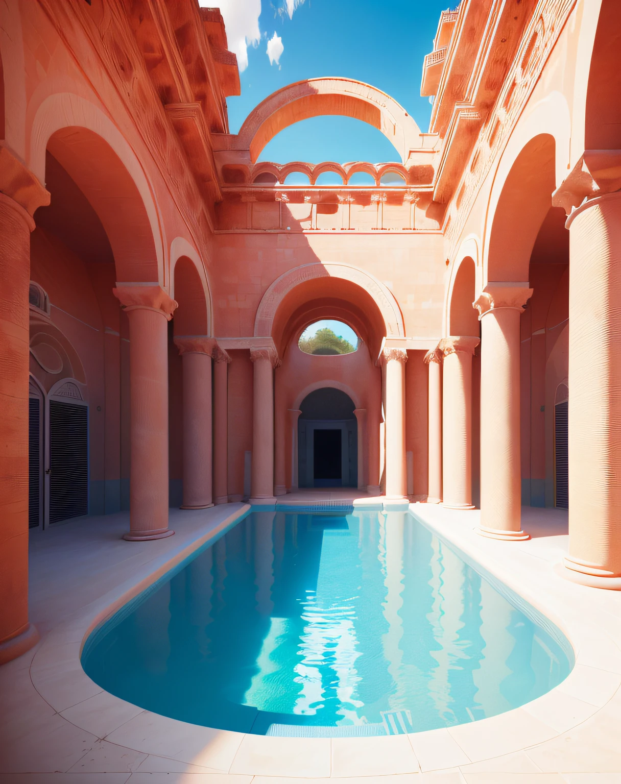Tips for optimized content based on stable diffusion:
"There were chairs and tables in the pool,inspired by Ricardo Bofill,Surreal Roman architectural style,Located in a futuristic desert palace,The arches are pink,The geometry is curved,Adopt a 3D rendering style,Inspired by Giorgio de Chirico,Has a circular architecture,Like a Greek pool,Inspired by Alberto Morroko,Provides surreal 3D rendering。"