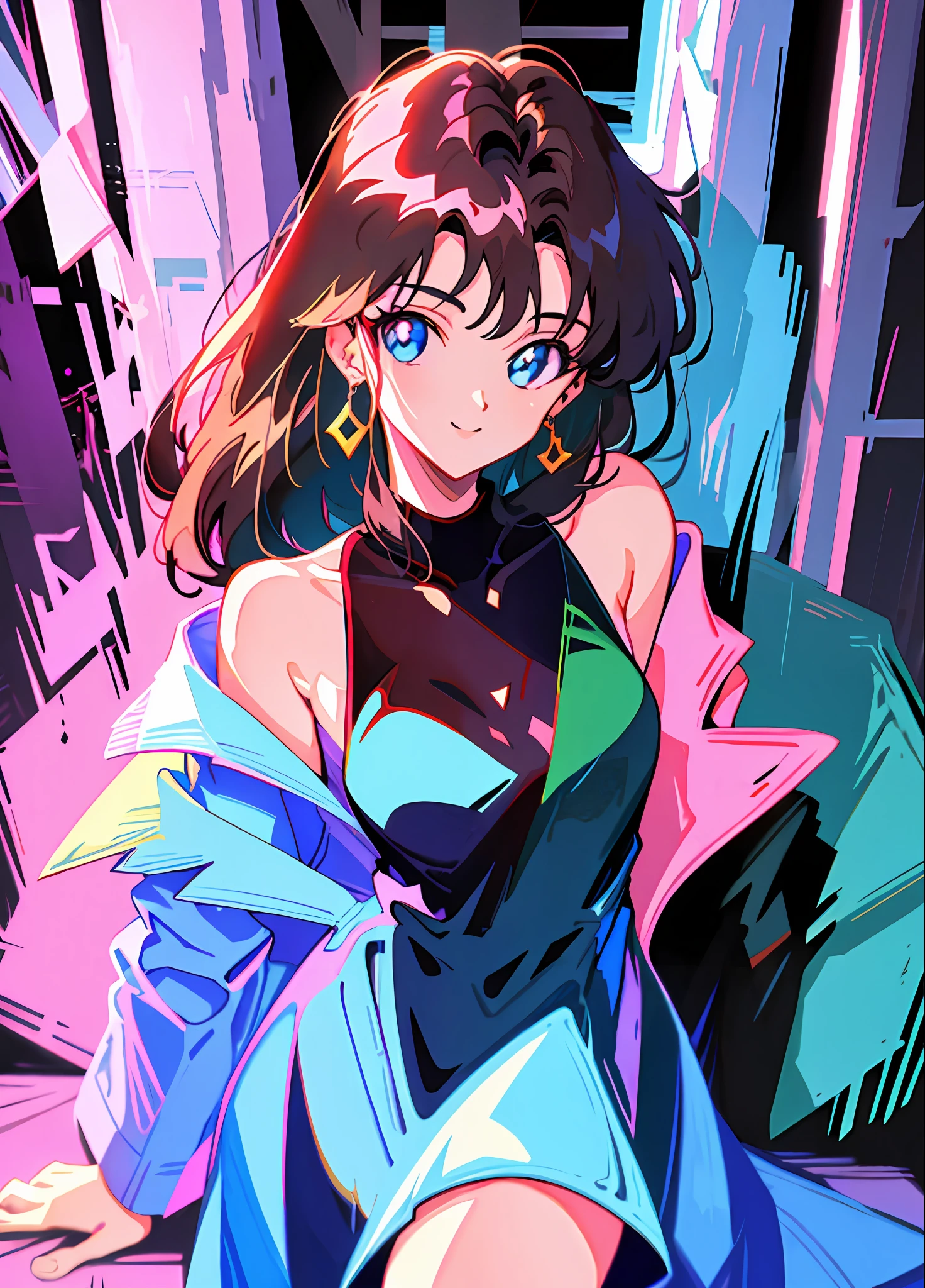 90's anime style，tmasterpiece，best qualityer，highest  quality，realisticlying，perfectanatomy，perfectface，Perfect eyes，Videldbspinkdress，1girll，独奏，brunette color hair，shift dresses，eBlue eyes，shairband，cabelos preto e longos，Pink dress，blacksilk，red hairband，exteriors, ssmile