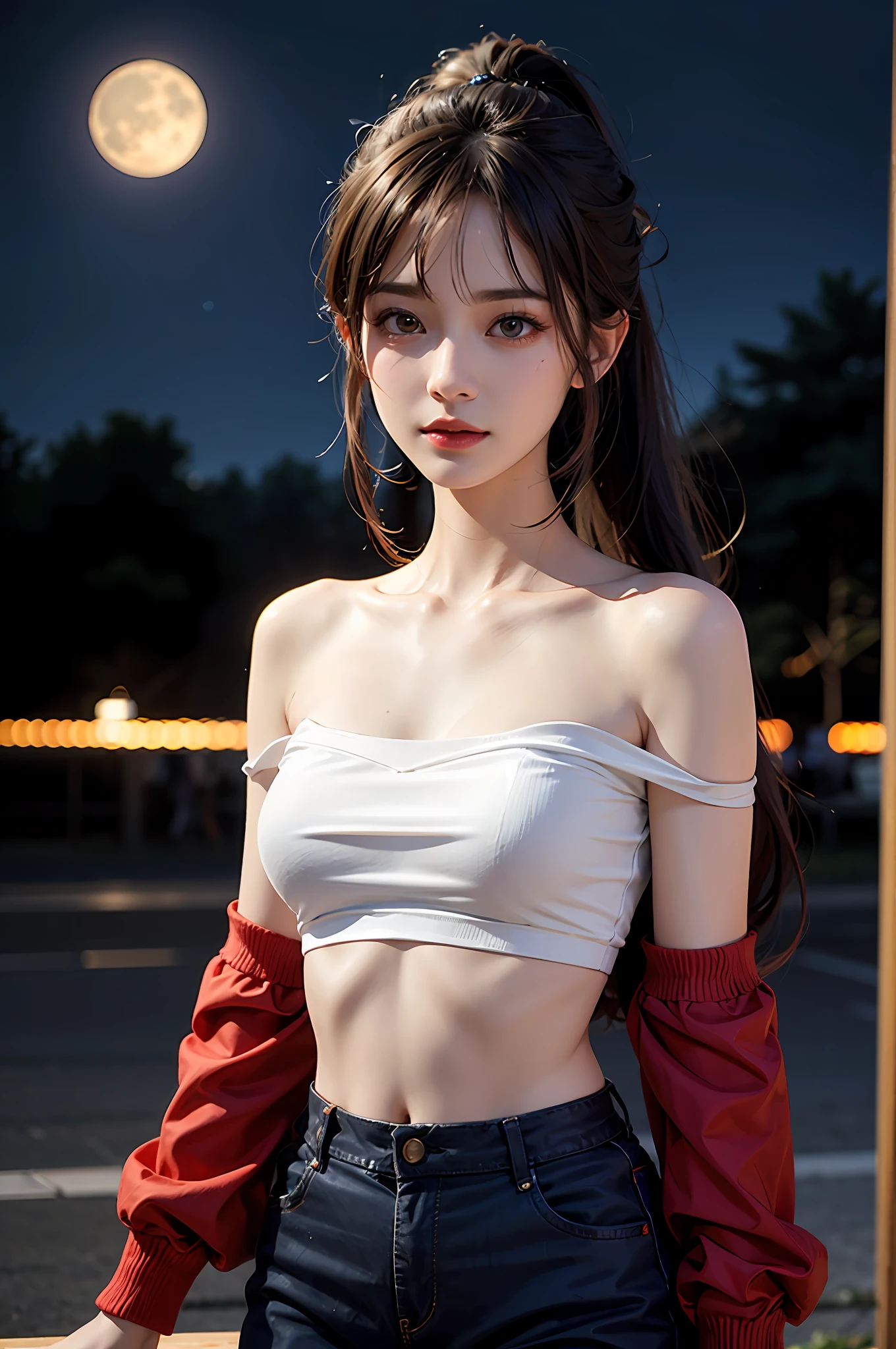 best qualtiy,sface focus,Look at the audience head-on,the soft light,(depth of fields),超高分辨率,(Photorealsitic:1.4),RAW photos,Bigchest,Red clothes,Open navel,Bare shoulders,By bangs,Long ponytail hairstyle,(sportrait:1.4),(From the front side)1girll,独奏,adolable,(Shy,ssmile:1.1),(with brown eye),Detailed beautiful face,(mid day_Hair), moon in the night,Walk,(off-the-shoulder shirts),