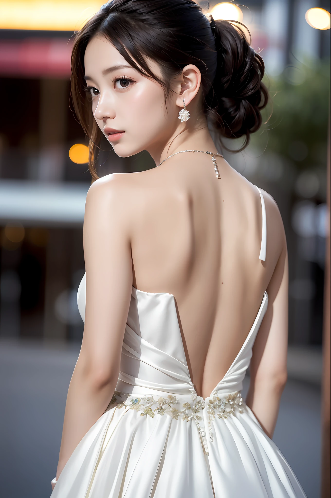 ((addielyn))、Random posture、(extremely delicate and beautiful work)、(masterpiece)、One girl、Highly Detailed Elegant Wedding Dresses、tiarra、A highly detailed、Warped ponytail、A charming expression、Beautiful and clear eyes、Green pupil、delicate necklaces、Delicate earrings、Simple blurry background、Description of extreme details、Beautiful fece、A charming、Ultra-fine painting、delicated face、Delicate figure、thin clavicle、Beautiful lips、Soft back view、mix4、(8K、Raw photography、top-quality、masterpiece:1.2), (reallistic, Photorealsitic:1.37),1girl in,Cute,Cityscape, natta, Sateen, Wetty, Professional Lighting, Photon mapping, Radio City, physically-based renderingt, above waist、乃木坂アイドル、韓国アイドル、hposing Gravure Idol、女優、