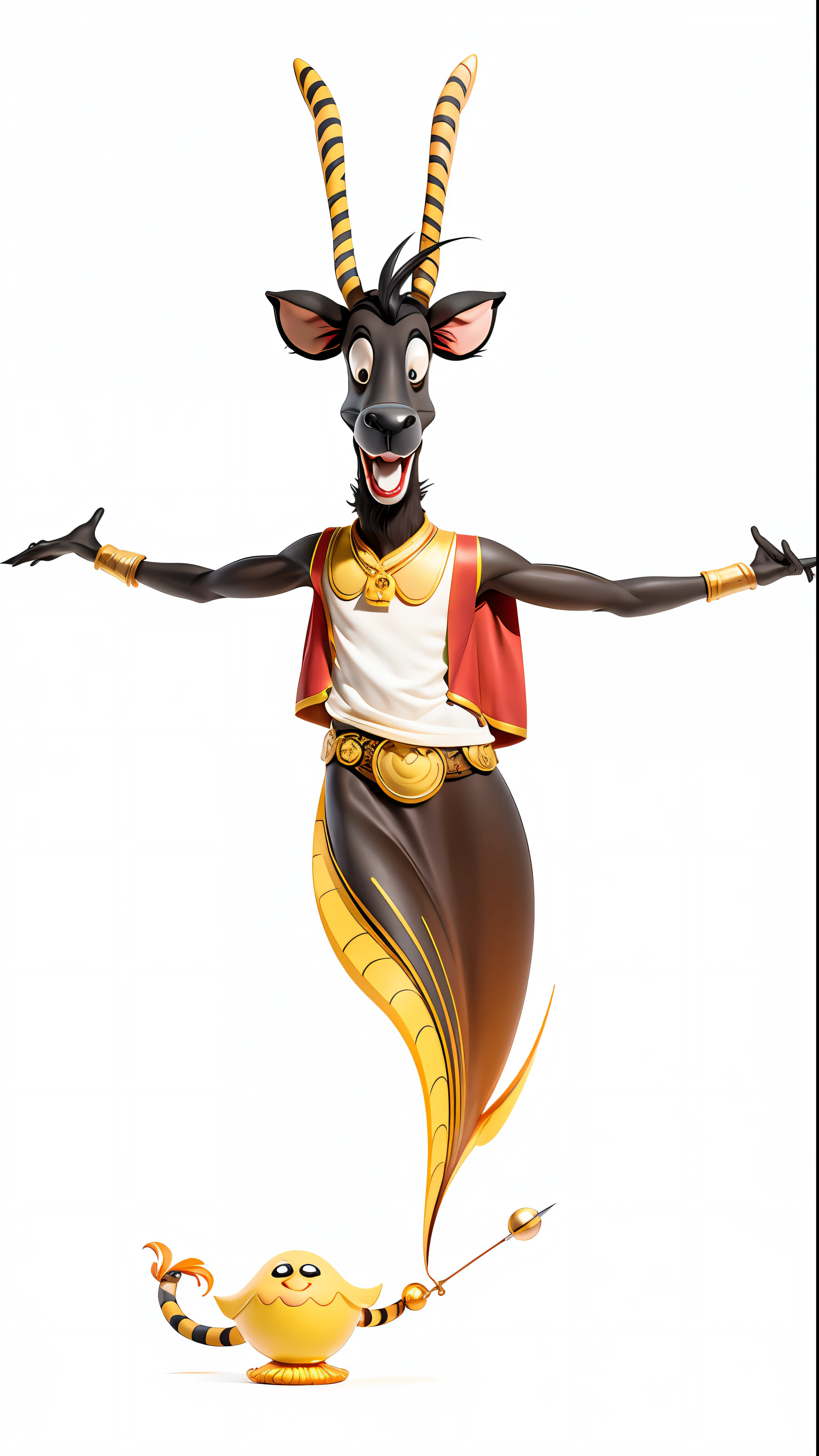 obra-prima, melhor qualidade, alta qualidade, extremamente detalhado da unidade CG 8k, fotografia premiada, Bokeh, profundidade de campo, HDR, flor, chromatic aberration, fotorrealista, extremamente detalhado, trending on ArtStation, trend at CGSociety, intrincado, alto detalhe, Dramatic, Palanca negra, turned into a cartoon character by Pixar Studios, would have a charming and expressive appearance, maintaining its distinctive features. Pixar's black antelope would be an anthropomorphized antelope, com olhos grandes e expressivos, transbordando carisma. Seu corpo seria rechonchudo e levemente arredondado, conveying a sense of cuteness. Sua pelagem seria lisa, com um brilho suave e detalhes de sombra para destacar as curvas do corpo. A cor predominante do personagem seria um preto vibrante, com uma textura ligeiramente cartunizada. Their white spots would appear as large areas below the eyes up to the snout, peito, focinho . Essas manchas brancas contrastariam com o preto intenso, adicionando um toque de vivacidade ao design. Os chifres do personagem seriam proporcionais ao seu tamanho, Maintaining the characteristic shape of the lyre of the Palanca negra. They would be flexible and have a smooth appearance, following the cartoonish style of animation. Para complementar seu visual animado, Alavanca preta, da Pixar, would have humanized facial expressions, able to convey a wide range of emotions. Seus olhos seriam brilhantes e expressivos, transmitindo alegria, surpreender ou preocupar-se com facilidade. Como um personagem da Pixar, The black palanca would come to life with agile and funny movements. Comic rhythm. Ademais, His personality would be portrayed through expressive gestures and unique postures. No geral, Alavanca preta, da Pixar, It would be a charming and charismatic creation, half of his body is that of a genie sstill of the lamp.