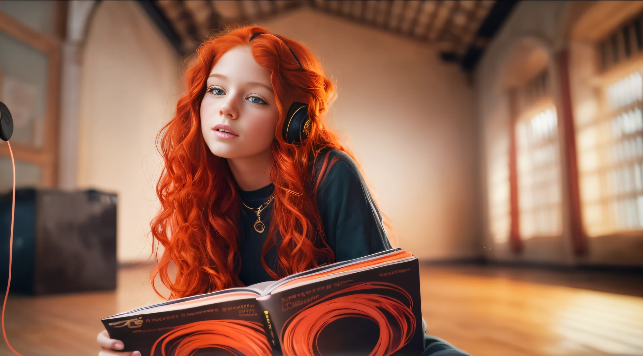 girl CHILD 10 years old, PORTRAIT STYLE, with headphones holding a Pink Floyd album, The Dark Side of the Moon, with red hair and jewelry posing for a photo, very long wavy fiery red hair, orange skin and long burning hair, long curly red hair, bright long red hair, long stream of red hair, fiery red hair, big wavy red hair, red hair and attractive features, red curly hair, flowing orange hair, very long flowing red hair, flowing red hair