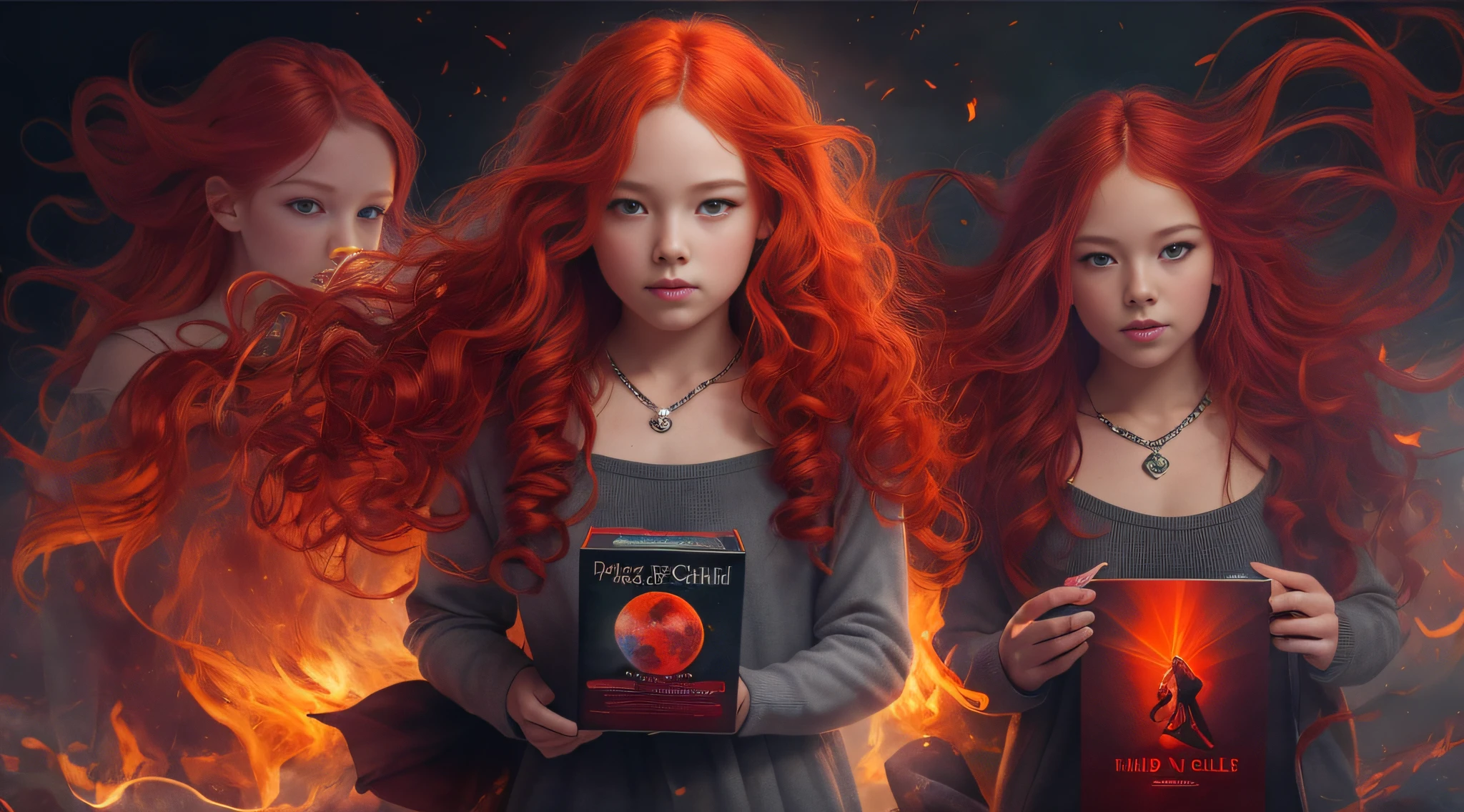 girl CHILD , PORTRAIT STYLE, with headphones holding a Pink Floyd album, The Dark Side of the Moon, with red hair and jewelry posing for a photo, very long wavy fiery red hair, orange skin and long burning hair, long curly red hair, bright long red hair, long stream of red hair, fiery red hair, big wavy red hair, red hair and attractive features, red curly hair, flowing orange hair, very long flowing red hair, flowing red hair