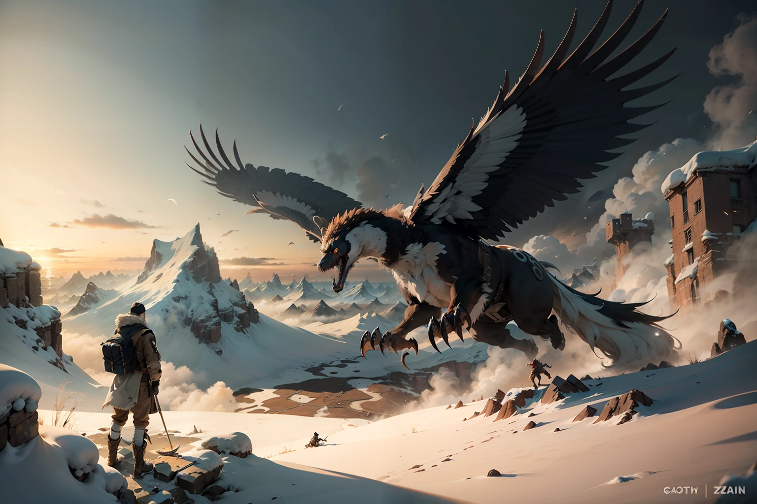 A colossal Roc of myth and legend, its golden plumage gleaming like fire in the rising sun, flies over a frozen mountain range. Its wings span the sky, creating gusts of wind that stir the snowflakes below. It carries a splintered ship mast in its formidable claws, a remnant of its latest hunt. On the ground, a solitary adventurer gazes in wonder and fear at the awe-inspiring creature that reigns supreme over the harsh and beautiful landscape.
