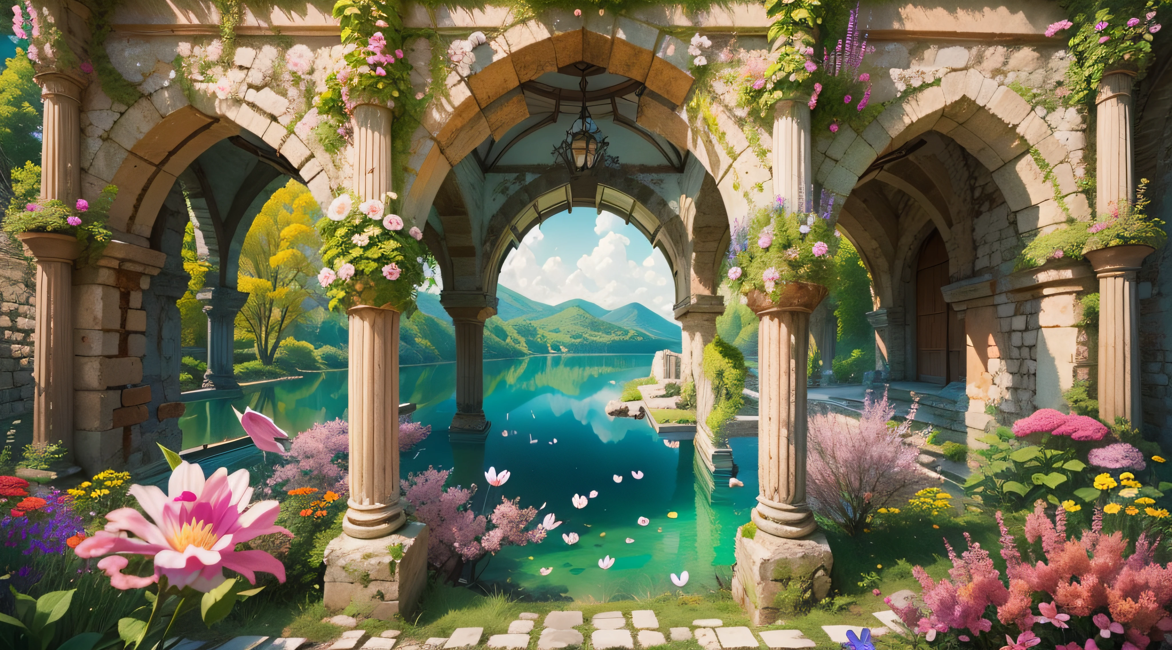 Ruins with beautiful secenary, vibrant, beautiful vibrant flowers blooming, beautiful lake