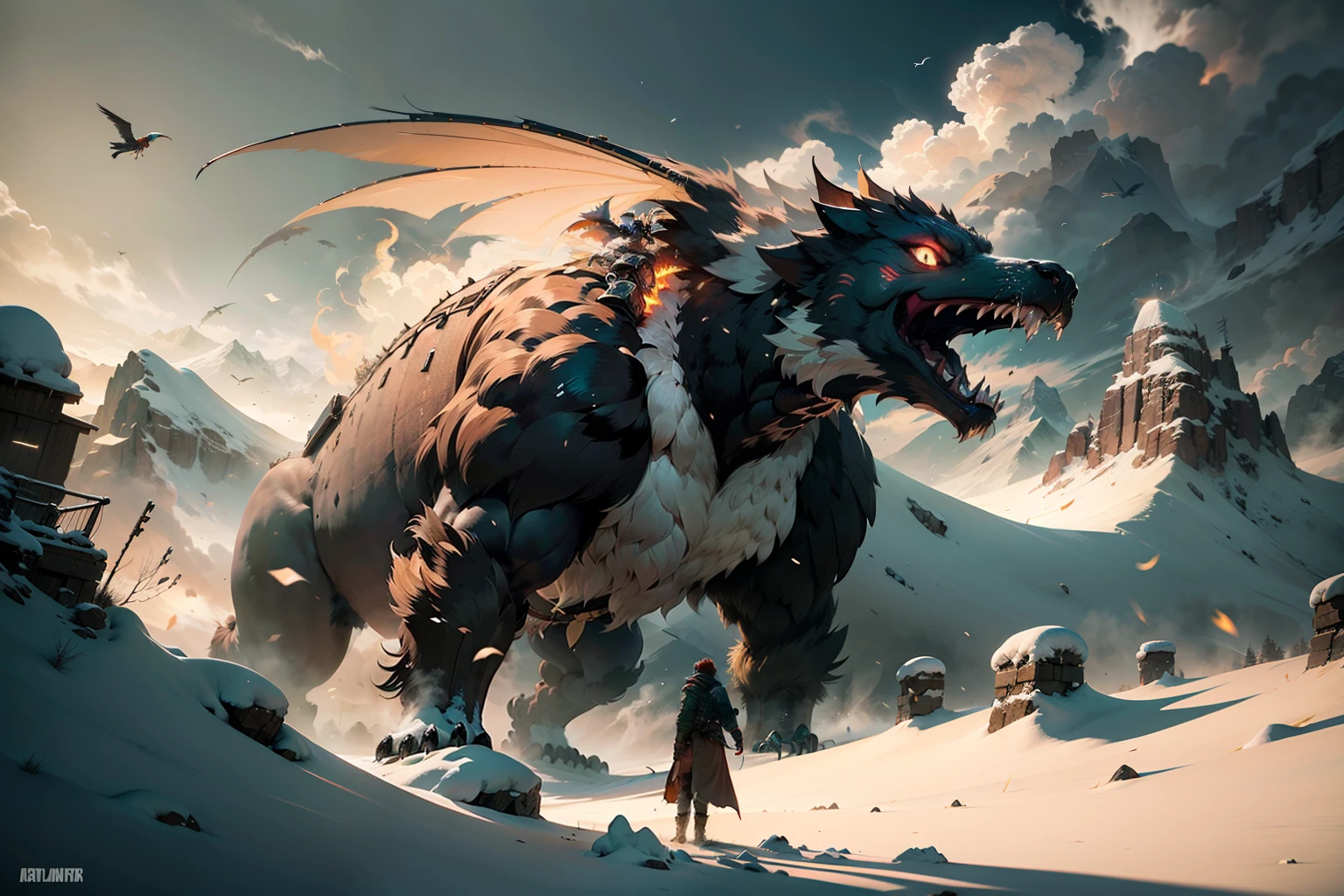 A colossal Roc of myth and legend, its golden plumage gleaming like fire in the rising sun, flies over a frozen mountain range. Its wings span the sky, creating gusts of wind that stir the snowflakes below. It carries a splintered ship mast in its formidable claws, a remnant of its latest hunt. On the ground, a solitary adventurer gazes in wonder and fear at the awe-inspiring creature that reigns supreme over the harsh and beautiful landscape.