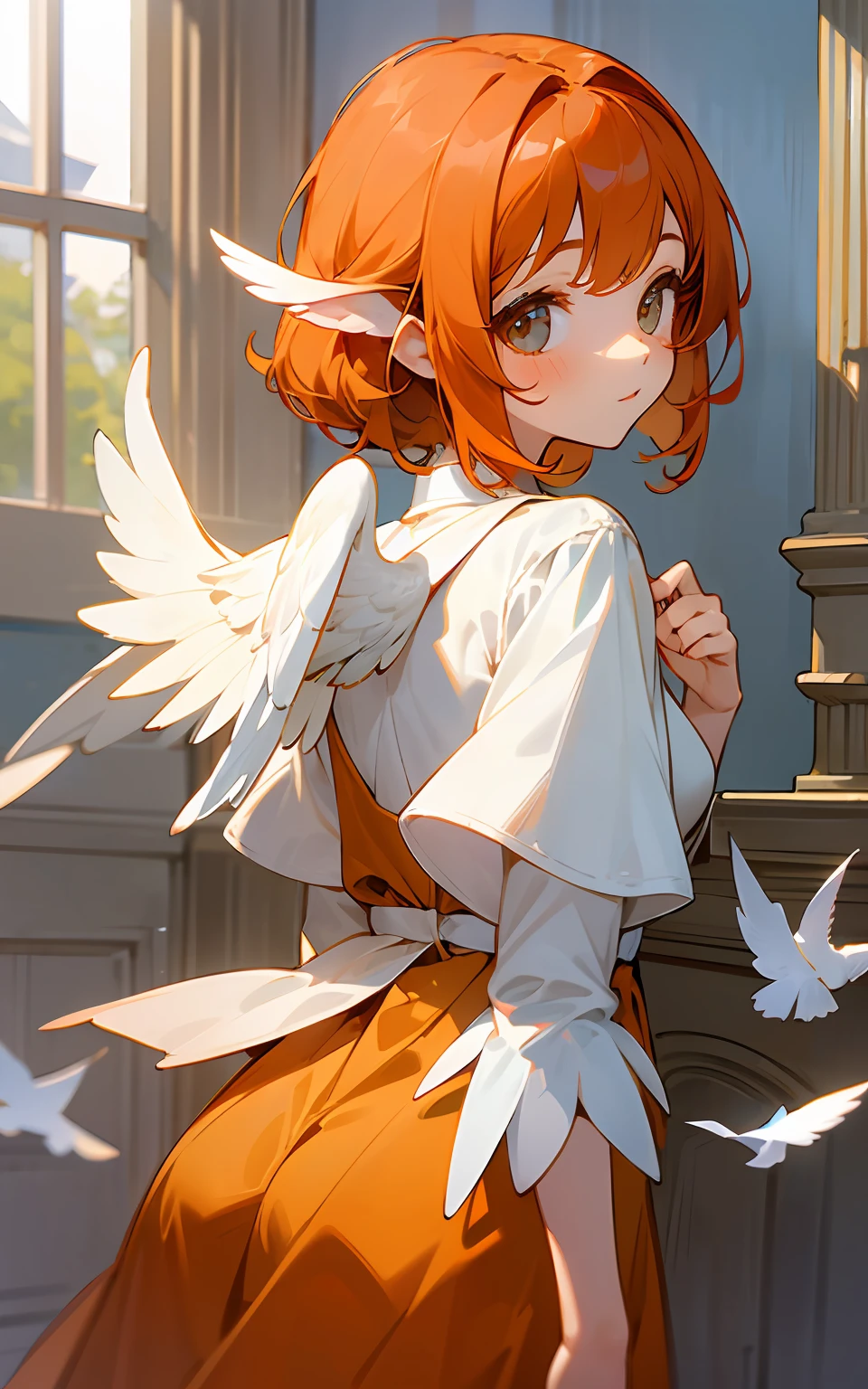 top-quality、hight resolution、detaileds、Beautiful little girl with white bird wings on her back、lightly dressed、Western-style castle、beautiful Girl、Harpy、Orange Medium Hair、