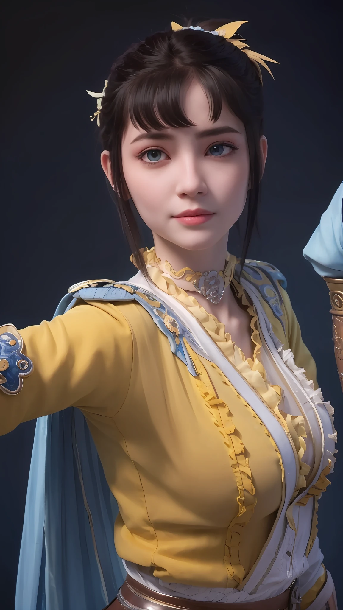 ((Best quality)), ((masterpiece)), official art, ultra detail, highres, ((beautiful detailed girl)), ((extremely detailed eyes and face)), (beautiful face: 1.2), 1girl, perfect body, thighhighs, 8K wallpaper, soft lightning, black hair, ultra detailed eye, blue eye, sikong qianlou, detailed face, big boobs, big breasts, ((very big breasts)), (big breasts), smiling at the viewer, smile, dept of field,