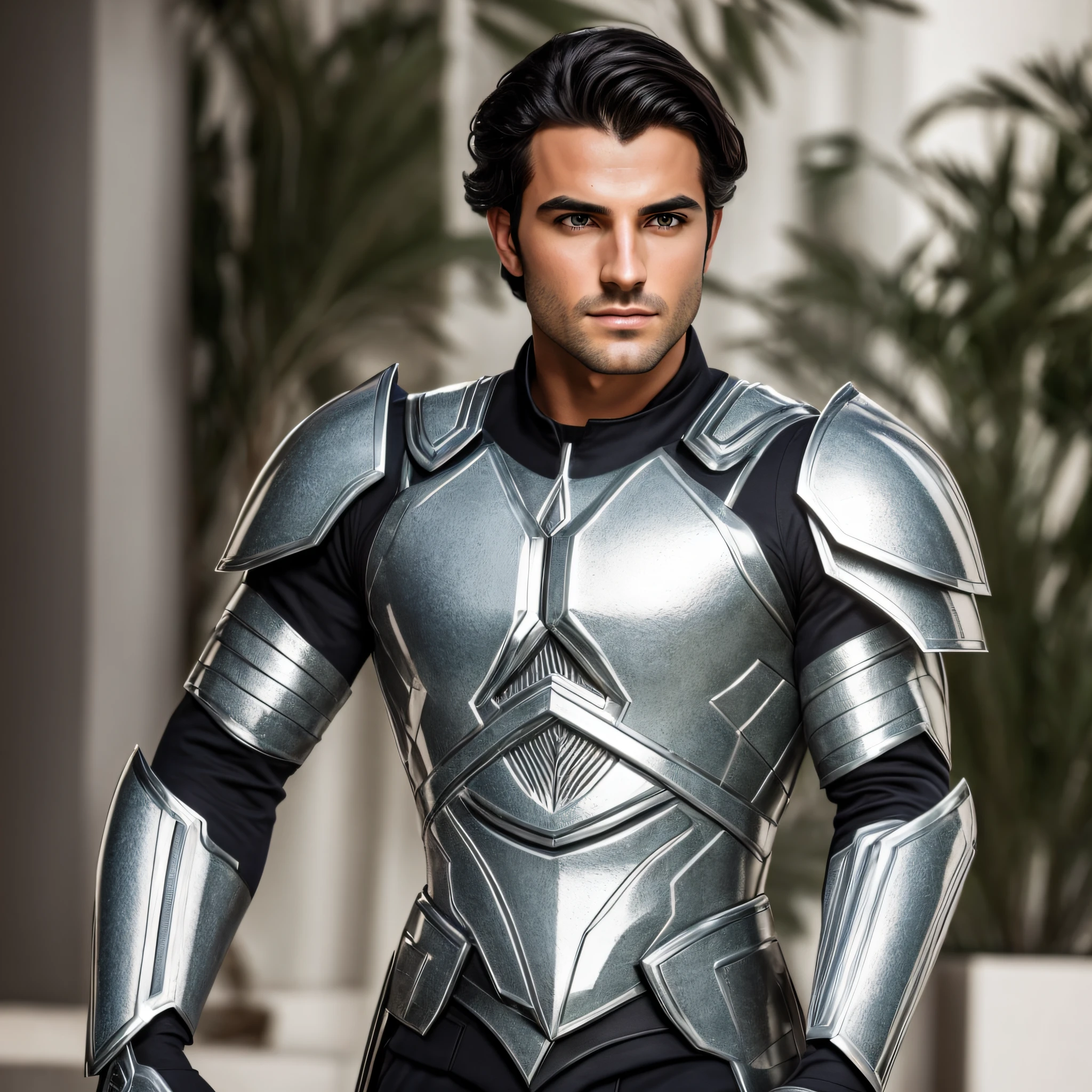 handsome disney prince dark black hair, blue eyes, striking eyebrows and cement face, white olive skin, sun tanned skin. demigod greek warrior. Fiber Optic Implants , saia curta , vista lateral realista hiper-realista hdr uhd 8k. A photograph of a flat silver armor made of white titanium and some crystal , Rainbow of RGB LEDs , traje de poder , gradiente , elegante , para homens , minimalismo moderno, bending pose , pose , pose de mod blindado de couro , realista , anatomicamente correto , detalhado , epic comprehensive cinematic costume| anos 90, soft natural lighting, fotografia de retrato, magic photography, lighting dramatic, Foto realism, ultradetalhado, intimate portrait composition, Leica 50mm, f22.0, de greg rutkowski