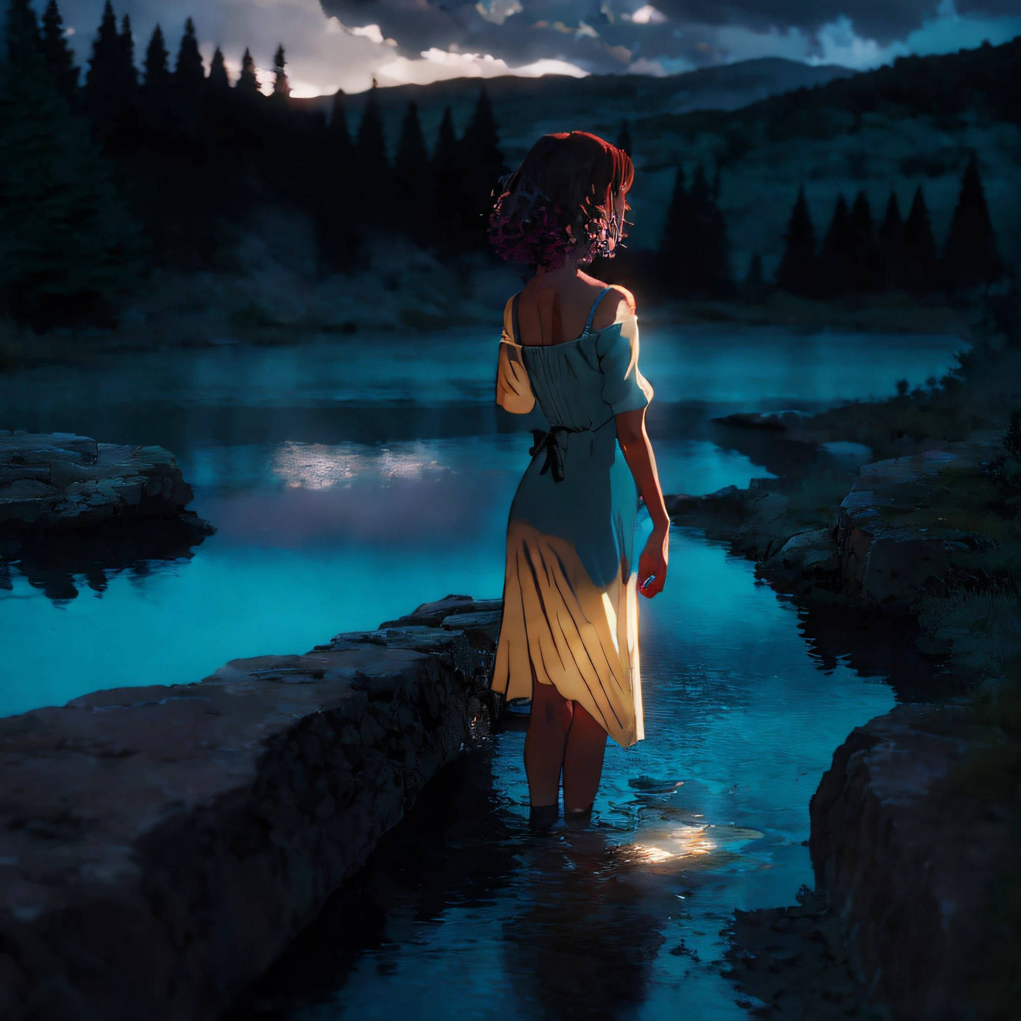 obra-prima, melhor qualidade, (papel de parede CG 8k muito detalhado), (melhor qualidade), (best illustration), (melhores sombras), sprite brilhante, lago , elementos naturais no tema da floresta . floresta misteriosa, bela floresta, Natureza, cercada por flores, folhas delicadas e galhos cercados por vaga-lumes (elementos naturais), (tema da selva), (folhas), (galhos), (vaga-lumes), (particle effects) etc. ..3d , Octane renderização, ray tracing, super detalhado, uma mulher de gengibre em um lago, usando vestido molhado branco, Curlie Red Hair, red head, corte pixie, olhos violetas, vestido branco apertado muito molhado, curlie short hair, no underwear, very tight white dress, wet dress, lake