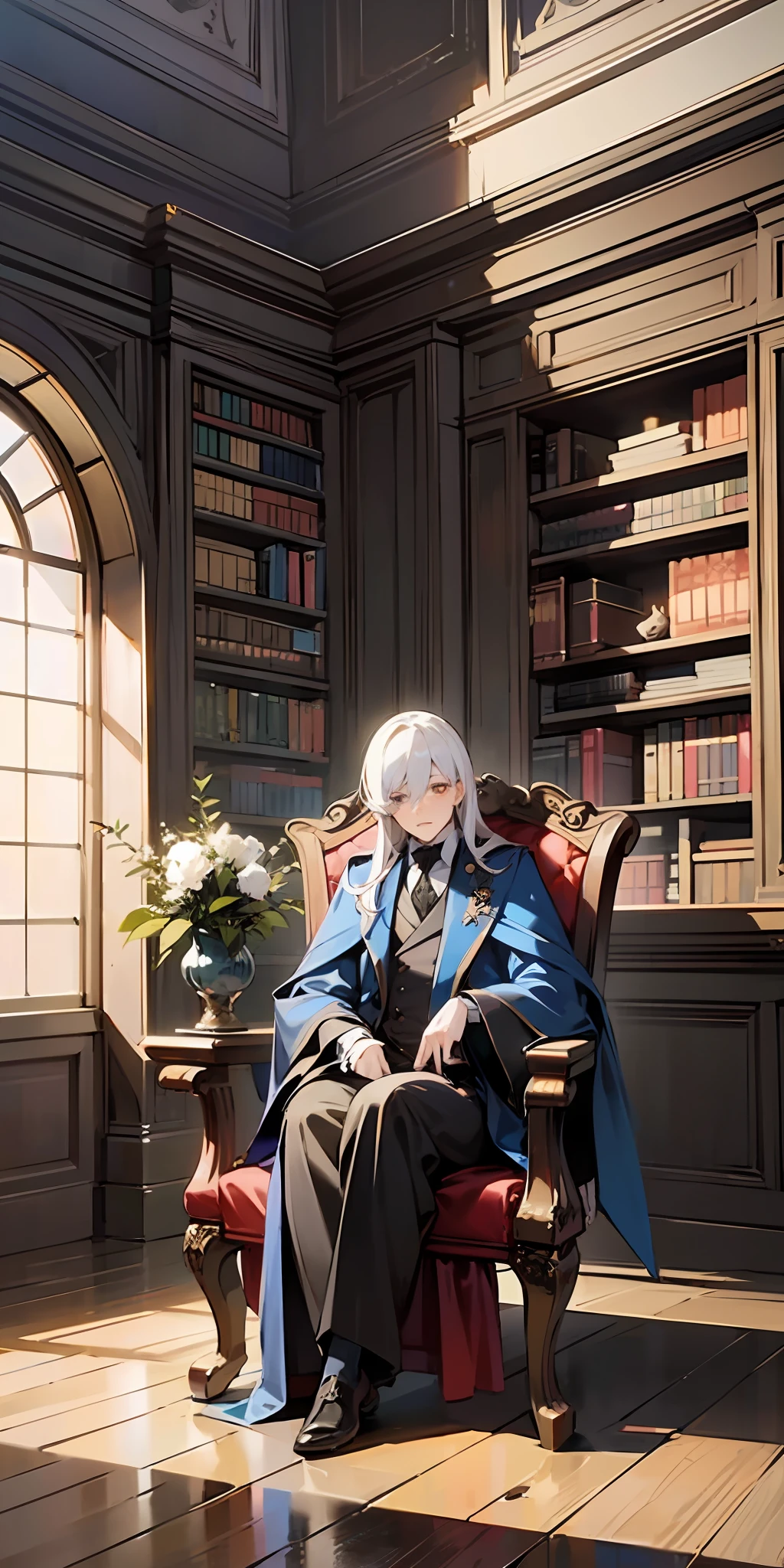 ((old wizard)), (elegantly dressed in western royal attire), , majestically seated on a black throne, against a lavish rwall backdrop, captured in a full body shot, library room background, white hair, one eye glass, wood table front of body
